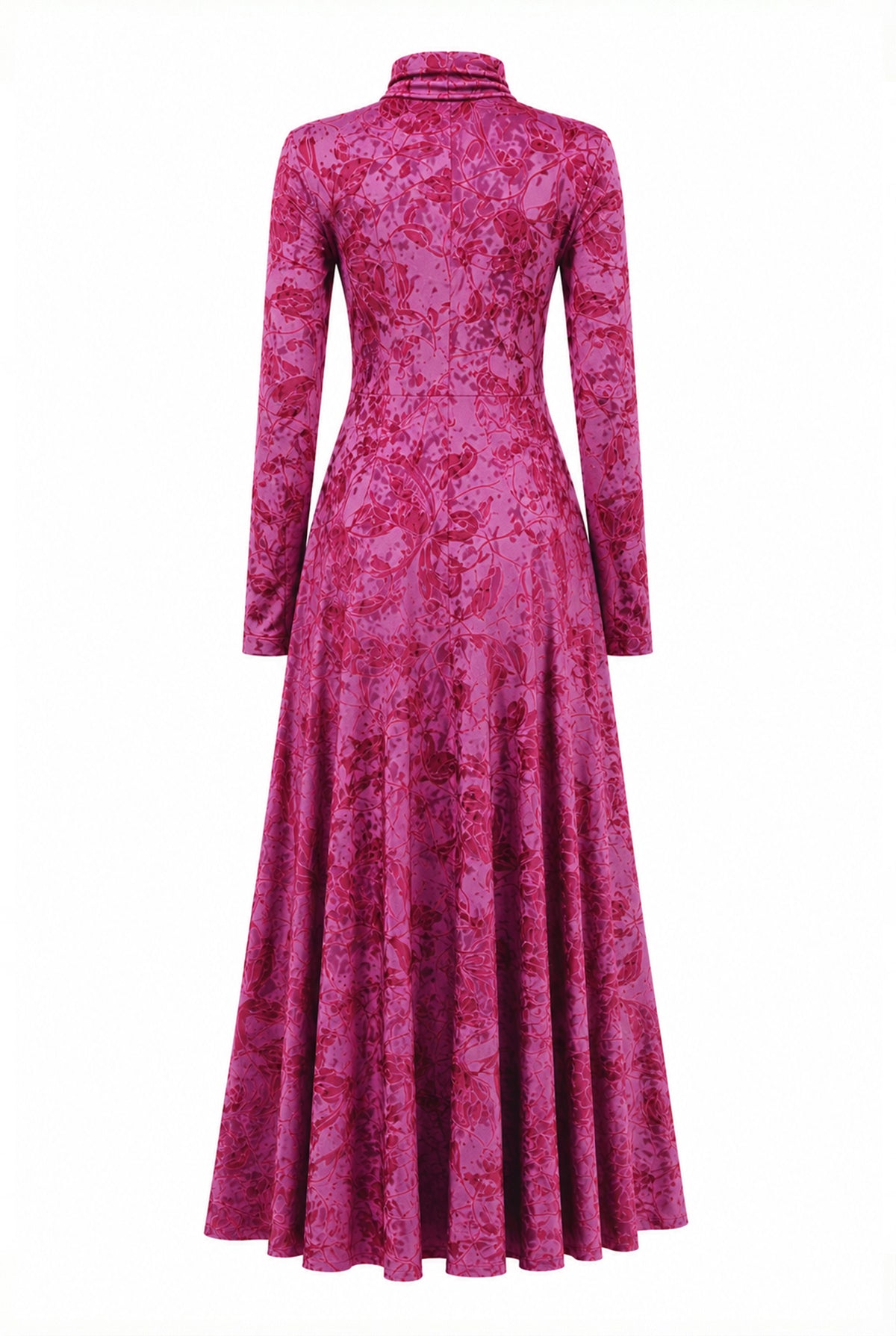 Velvet floral print dress with high neck, back view.