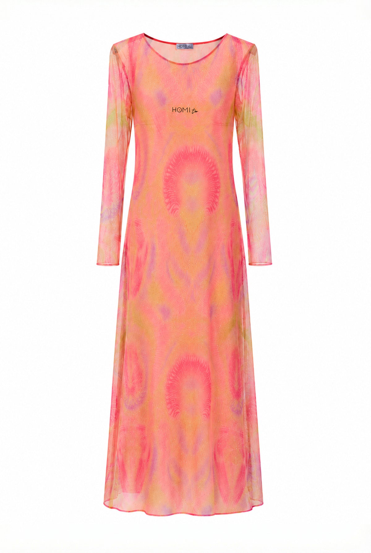 Pink printed sheer dress with long sleeves, front view.