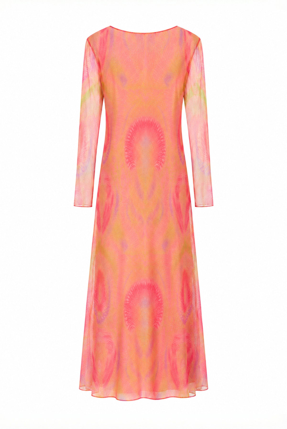Pink printed sheer dress with long sleeves, back view.