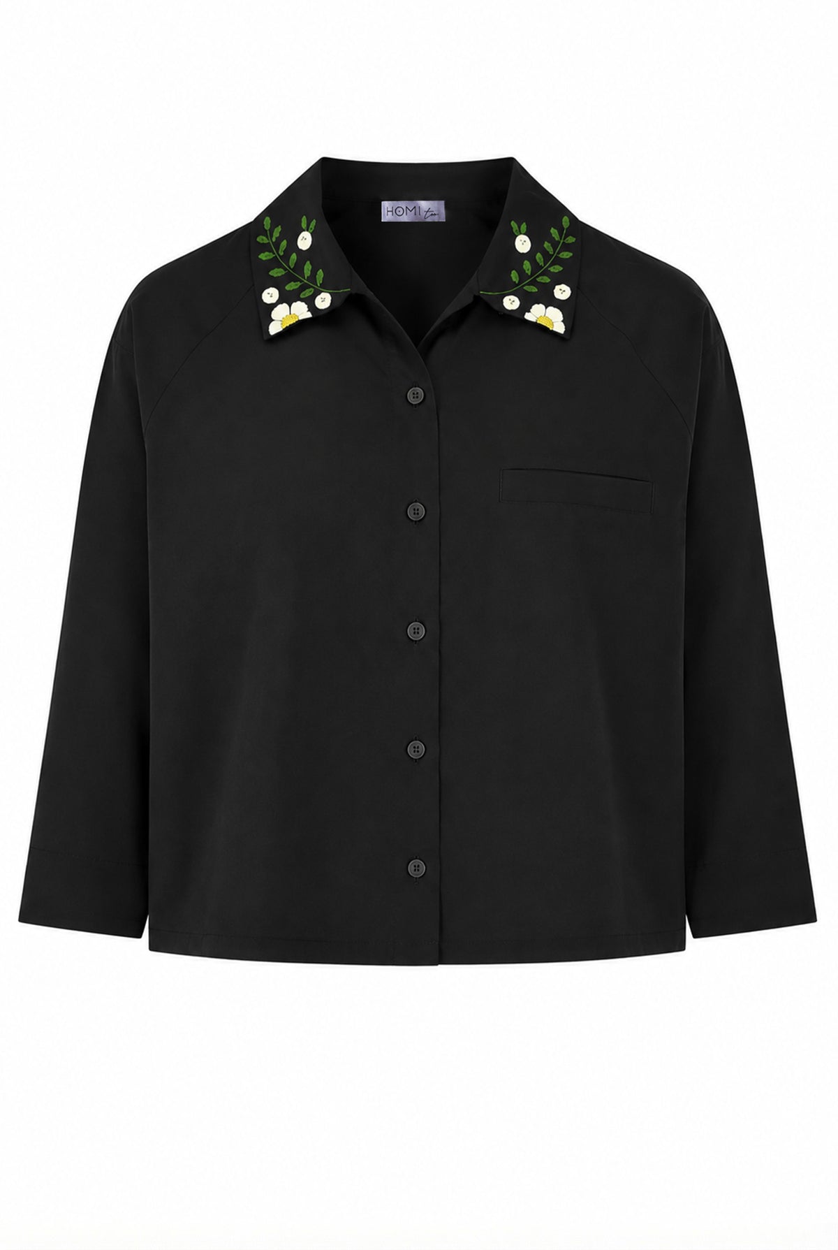 Black shirt with floral embroidered collar, front view.