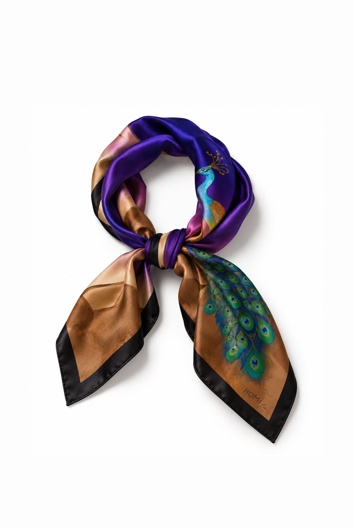 Square satin scarf with black border, featuring a colorful peacock perched on draped fabric against a vibrant purple, blue and golden background.