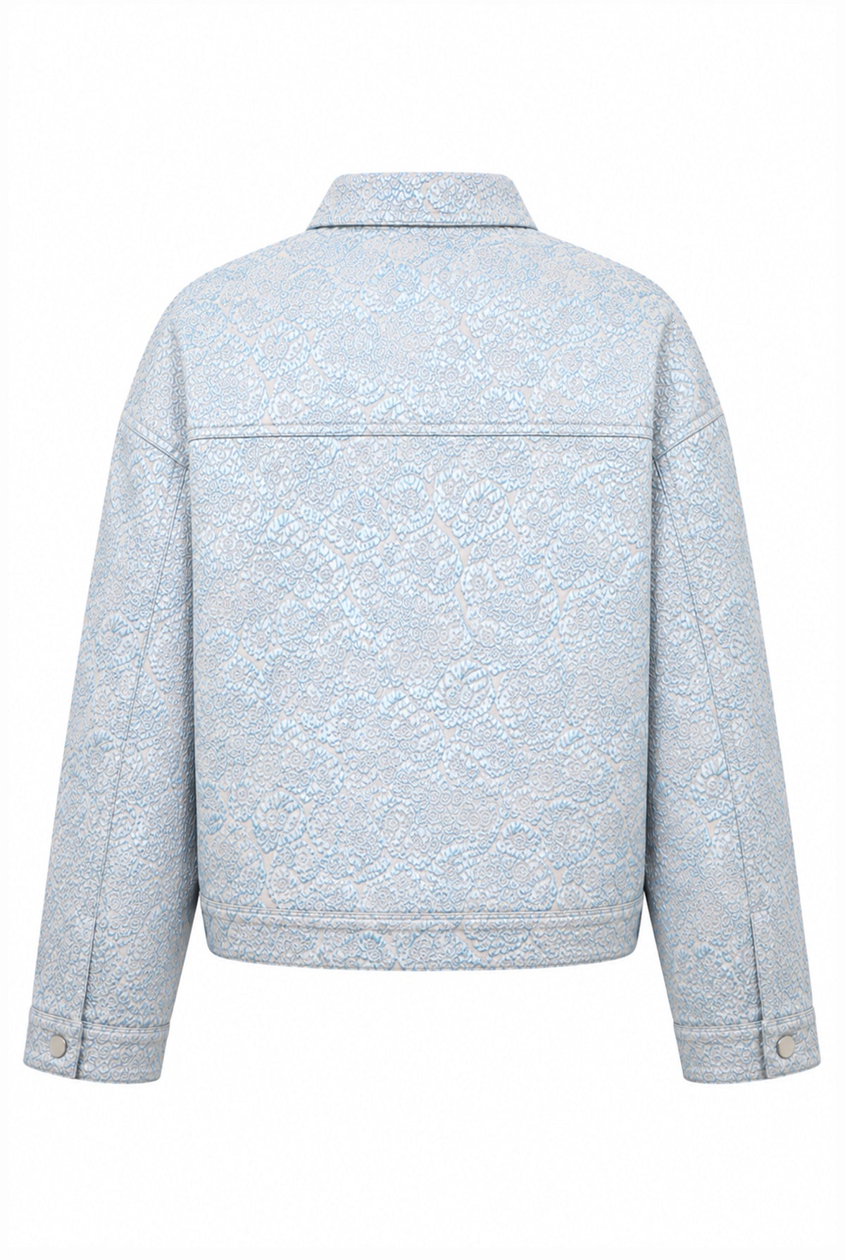 Oversized blue and silver brocade jacket, back view.