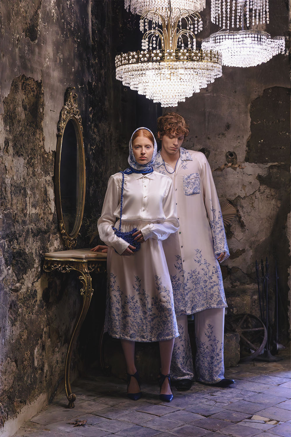 Ivory skirt with blue floral details worn by a model.