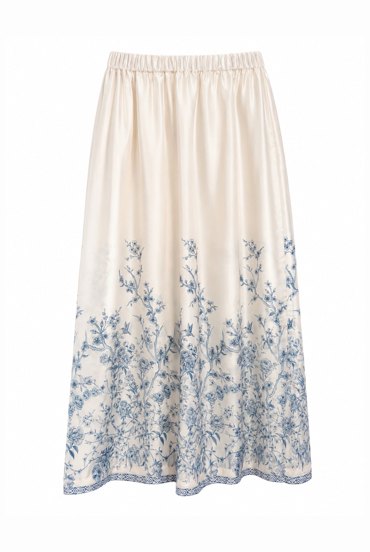 Ivory skirt with blue floral details.