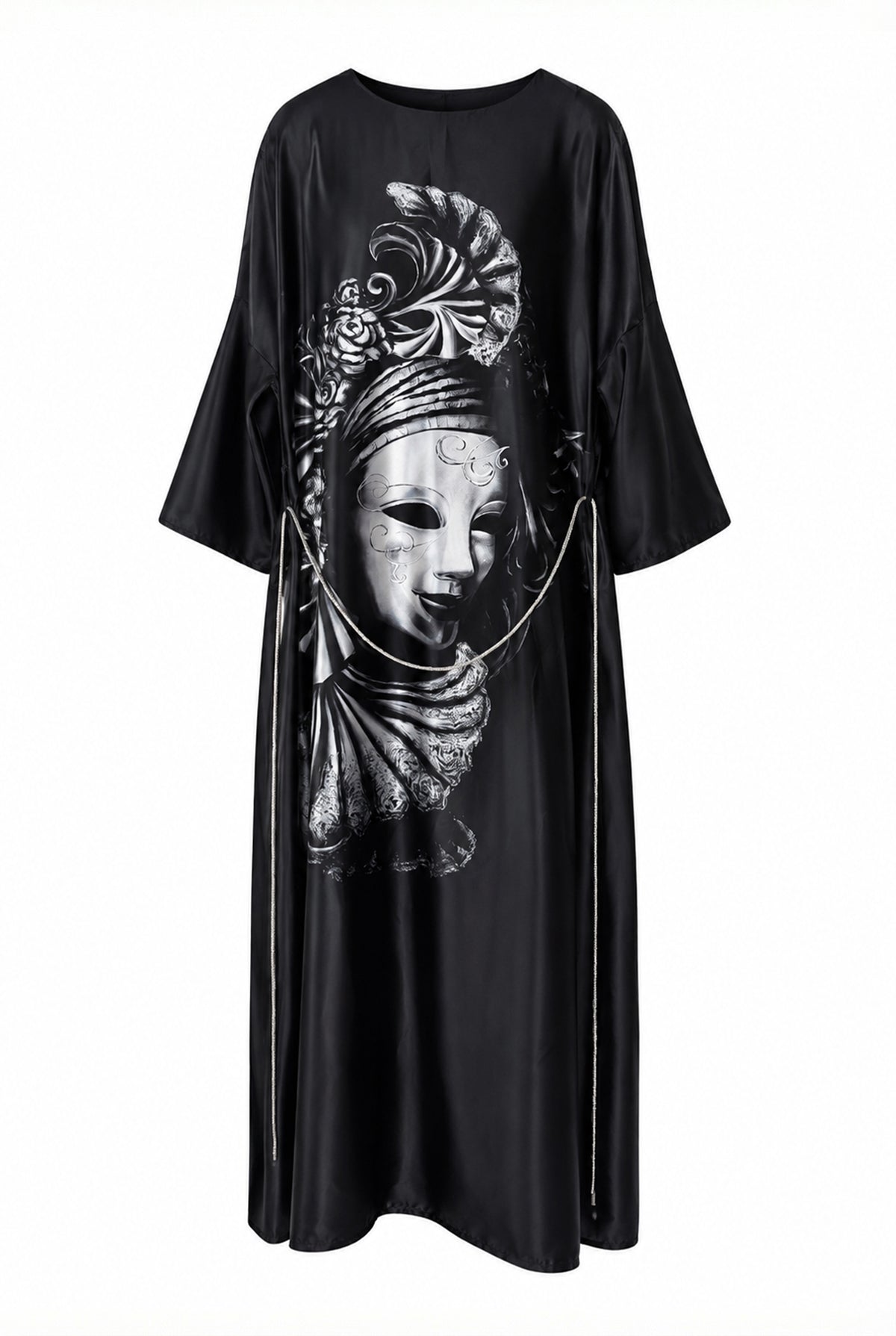 Black kimono with wide three-quarter sleeves and a large black-and-white Venetian mask and floral graphic on the back.