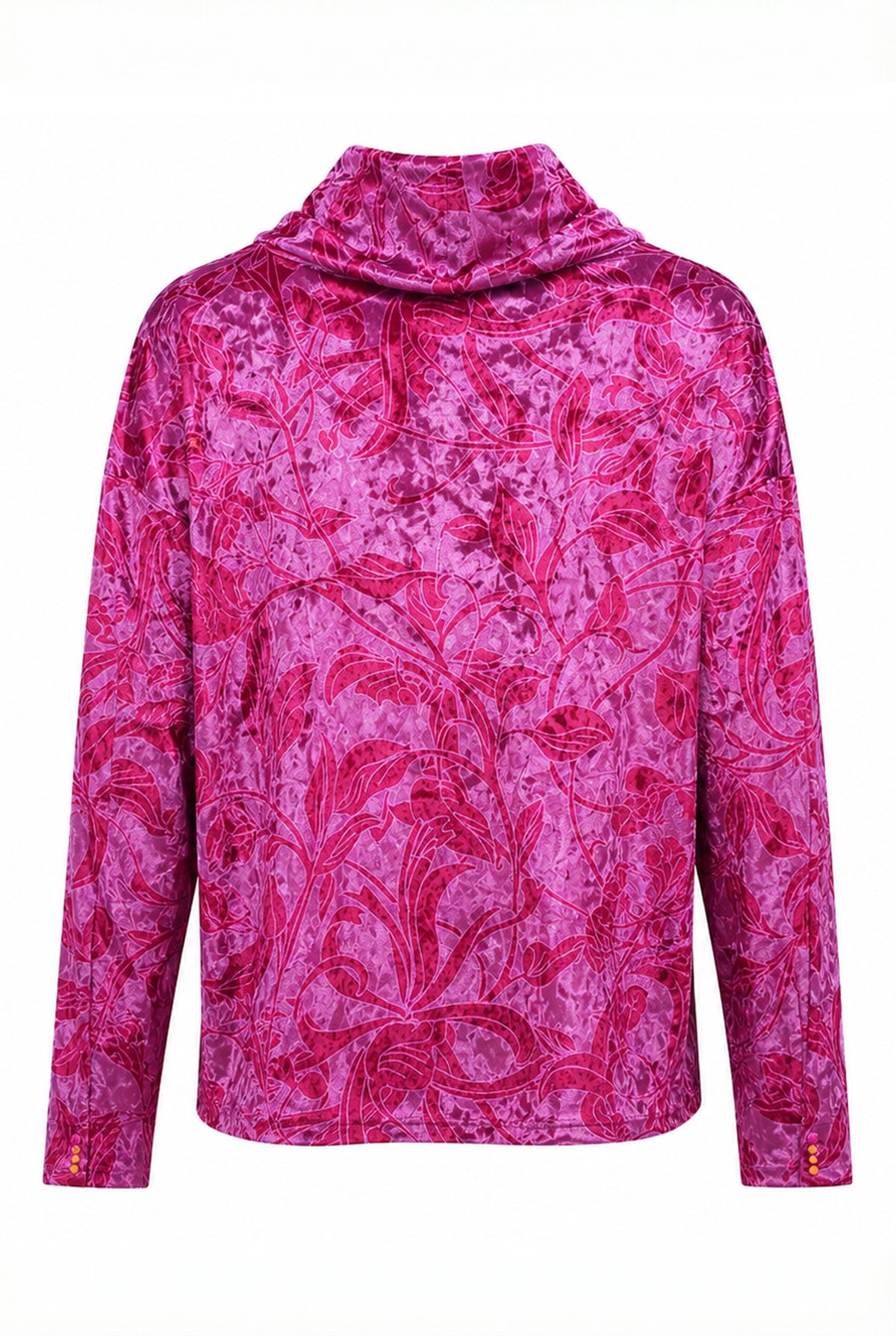 Velvet floral print top with cowl neck, back view.