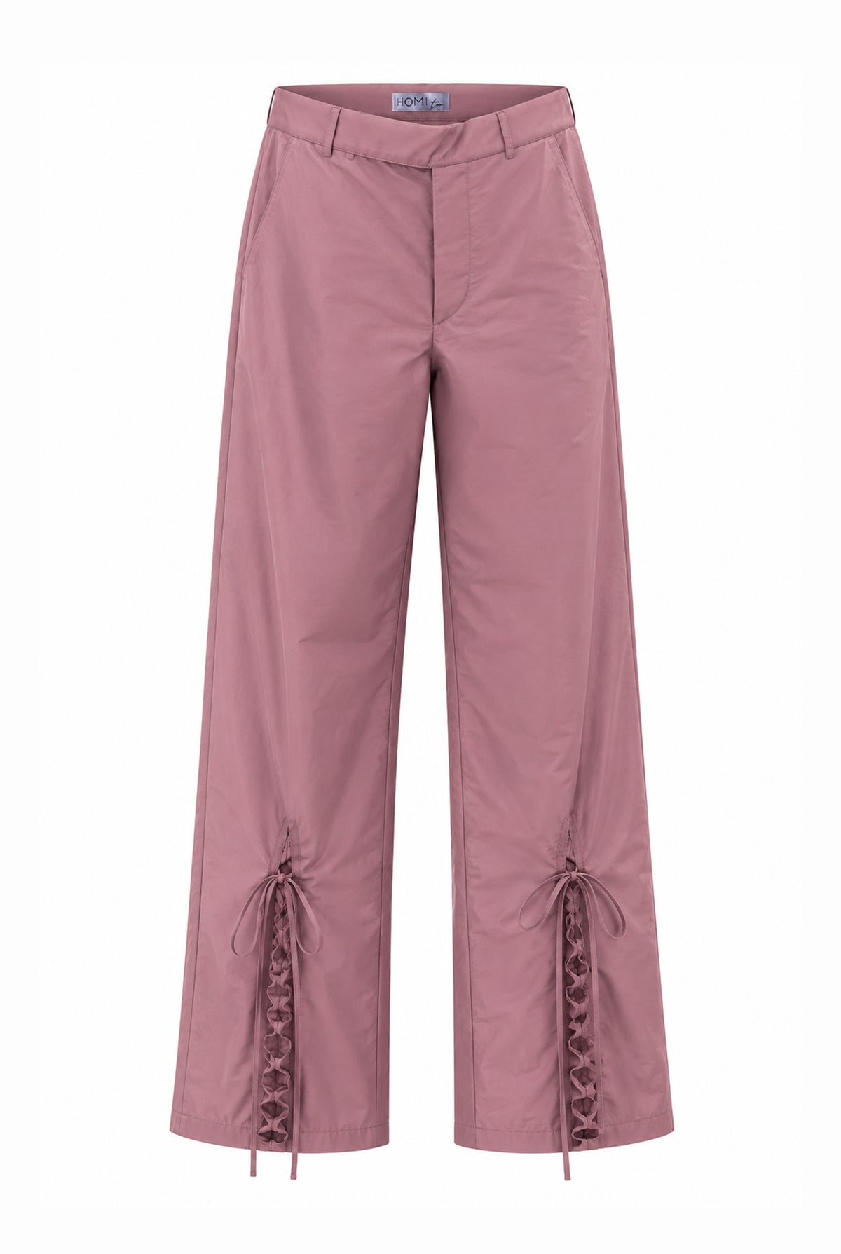 Pink taffeta wide-leg trousers with lace-up details, front view.