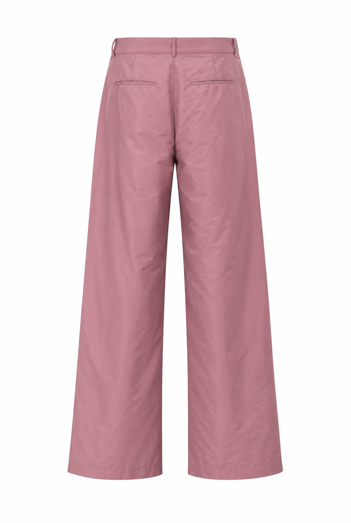 Pink taffeta wide-leg trousers with lace-up details, back view.