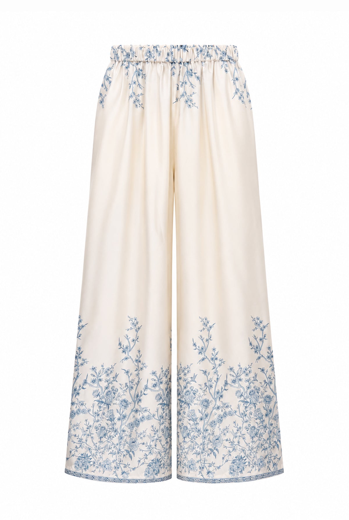 Ivory wide-leg trousers with blue floral details.