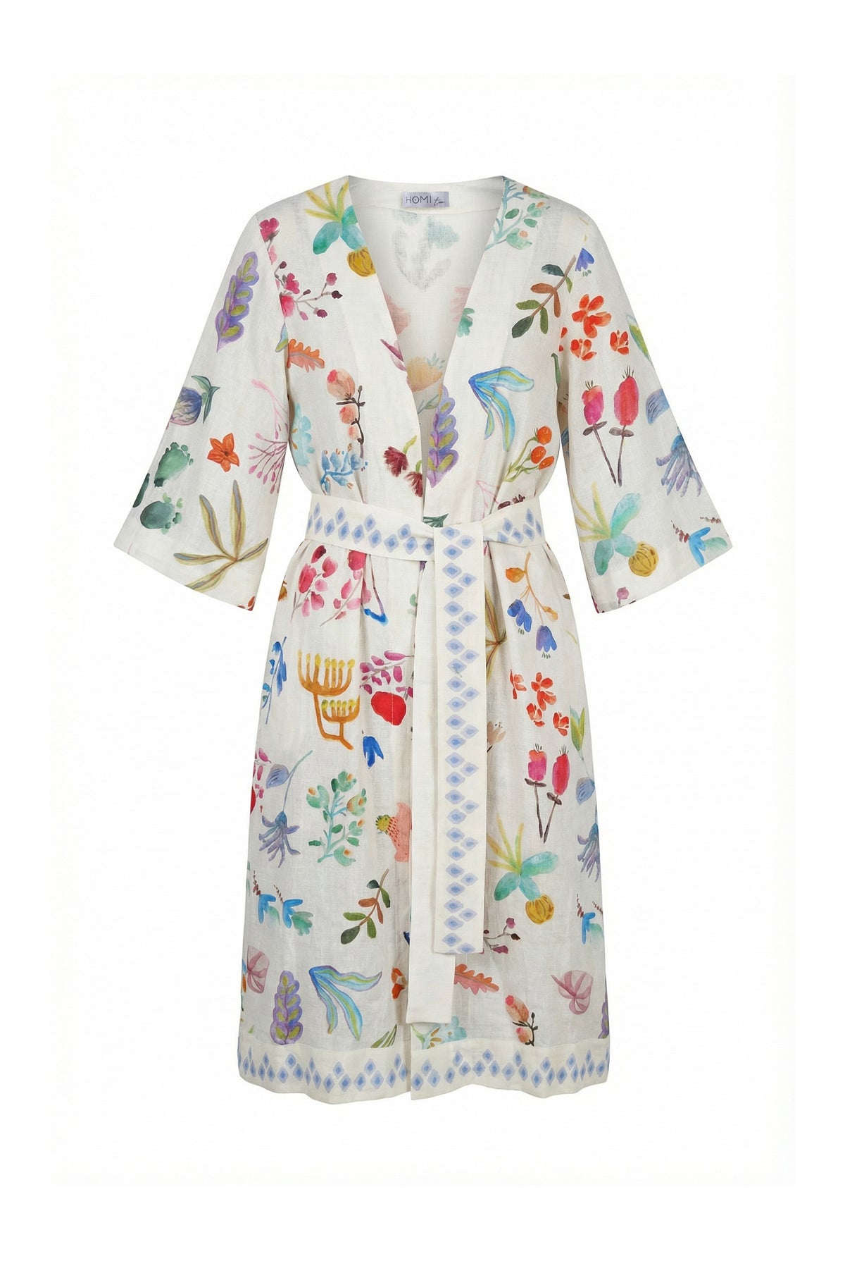 Cream kimono with colorful botanical print, wide sleeves and matching waist belt.