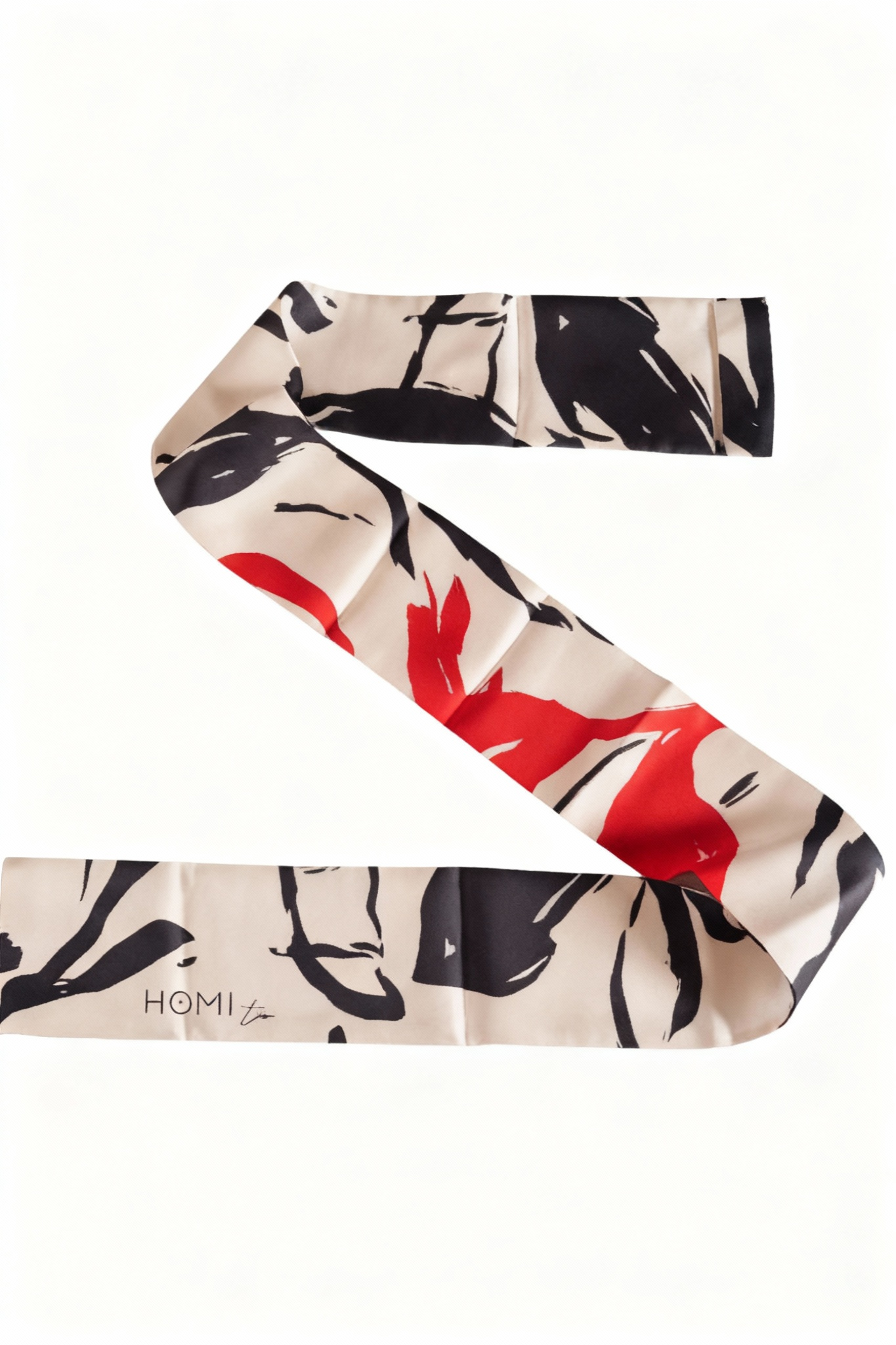 130×8 cm silk scarf with black, white and red graphic motif.