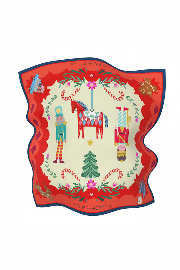 Christmas-themed scarf with winter-inspired motifs in red, green and blue tones, lightweight and fluid fabric.
