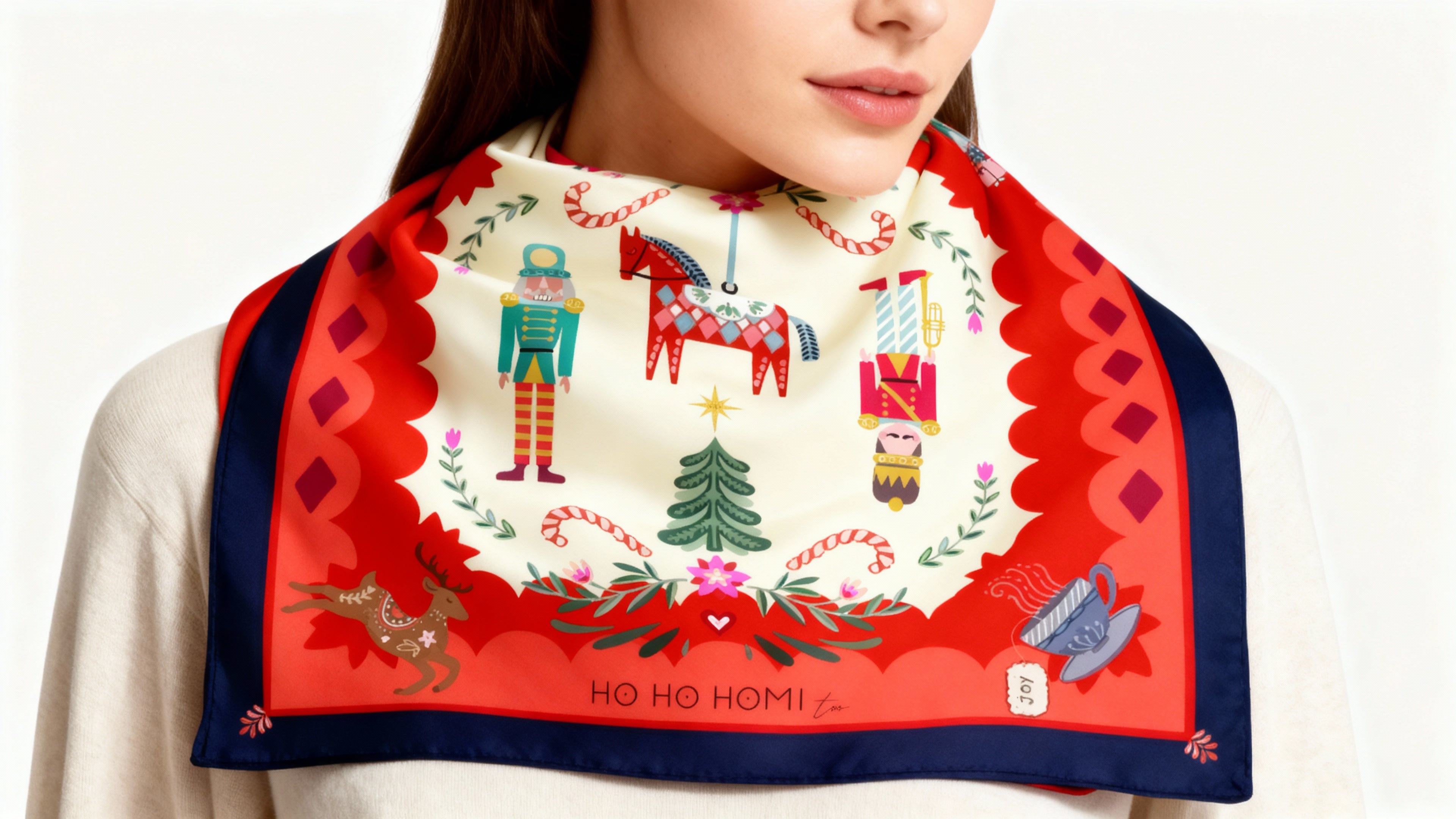 Christmas-themed scarf with winter-inspired motifs in red, green and blue tones, lightweight and fluid fabric, worn by a female model.