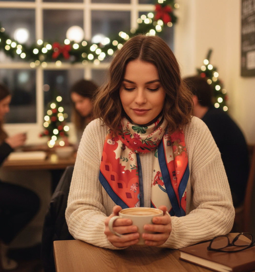 Christmas-themed scarf with winter-inspired motifs in red, green and blue tones, lightweight and fluid fabric, worn around the neck by a female model.