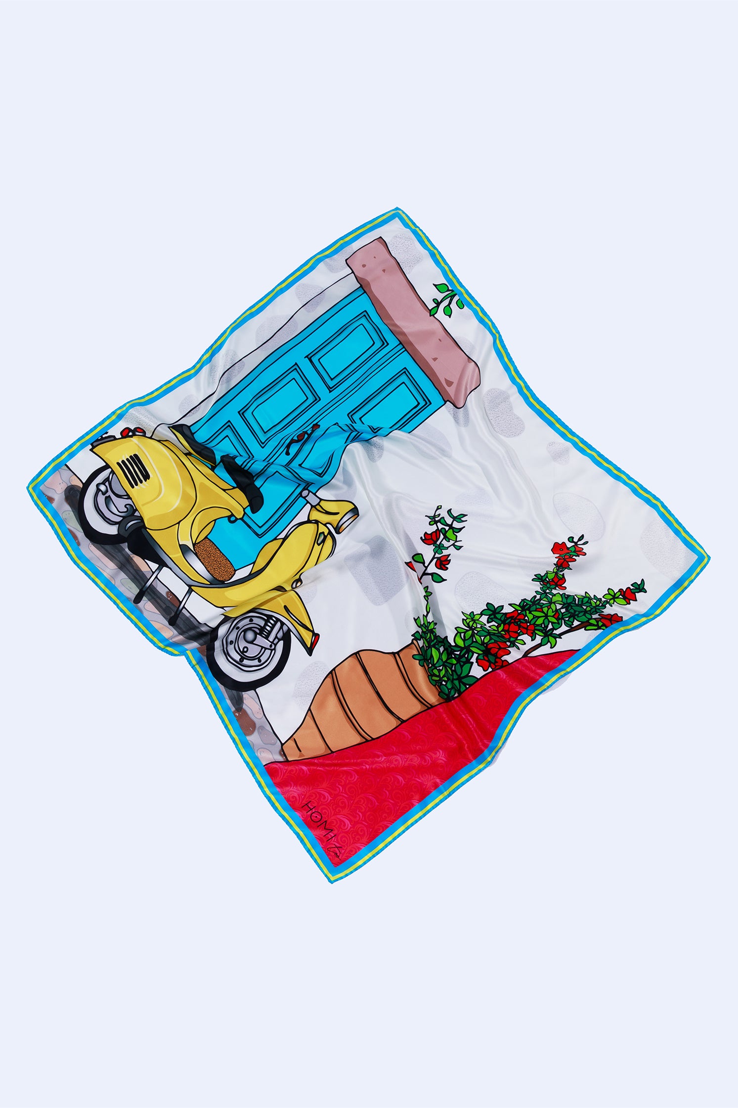 Pure silk scarf 90x90 cm featuring a vibrant illustration of a Vespa in a colorful Sicilian landscape, inspired by Mediterranean tradition and sunny tones, celebrating the charm of Italian summer.