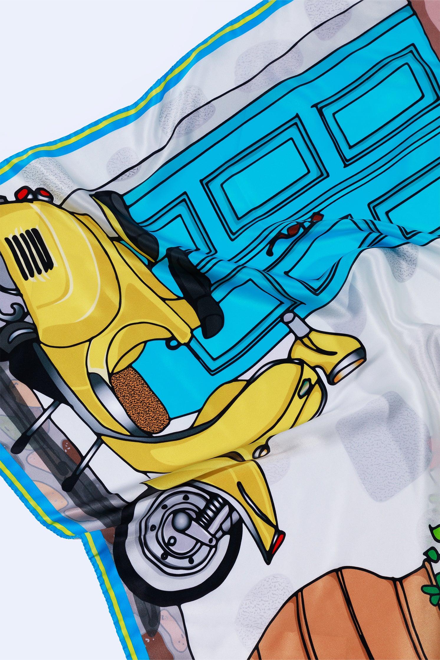Close-up of the Vespa illustration on the silk scarf, highlighting vibrant colors, intricate details, and Mediterranean-inspired motifs.