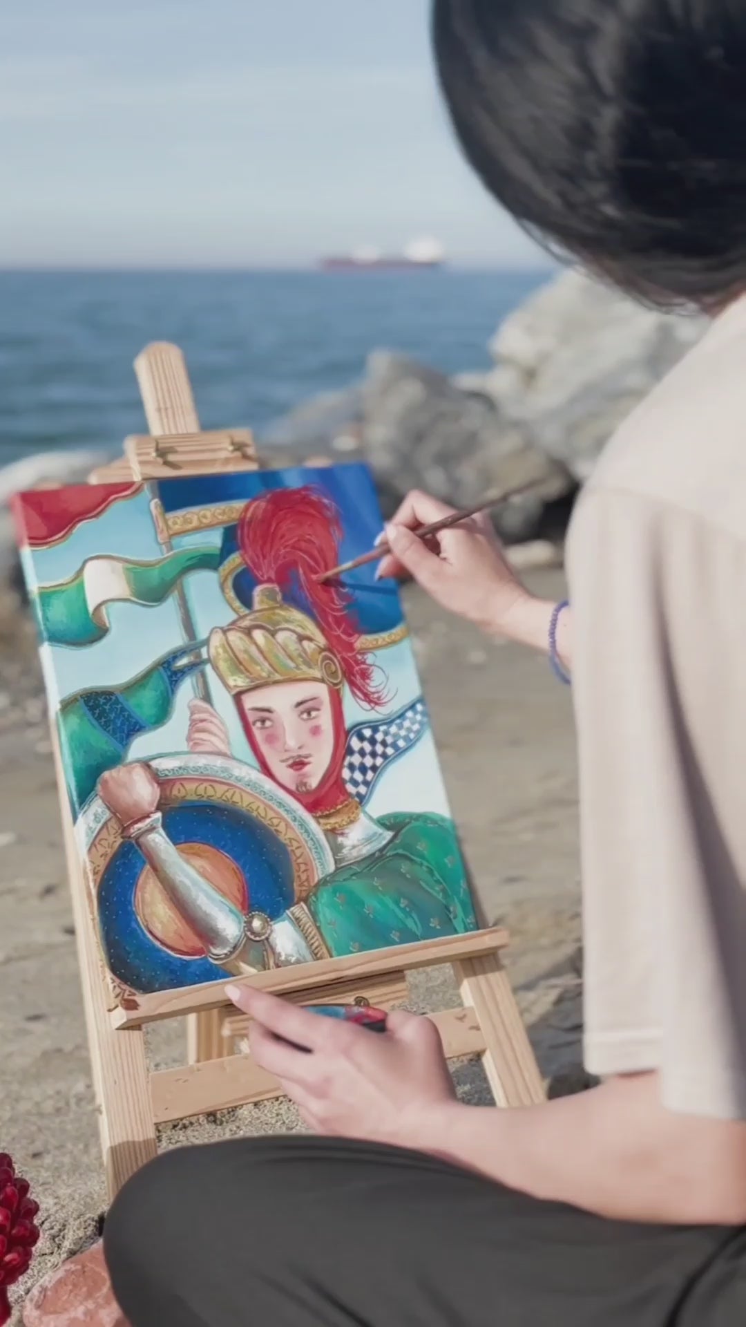 Video showing the hand-painting process of the "Sicilian Puppet" illustration for the shopper bag, highlighting the artists at work, brushstrokes and vibrant colors coming to life.