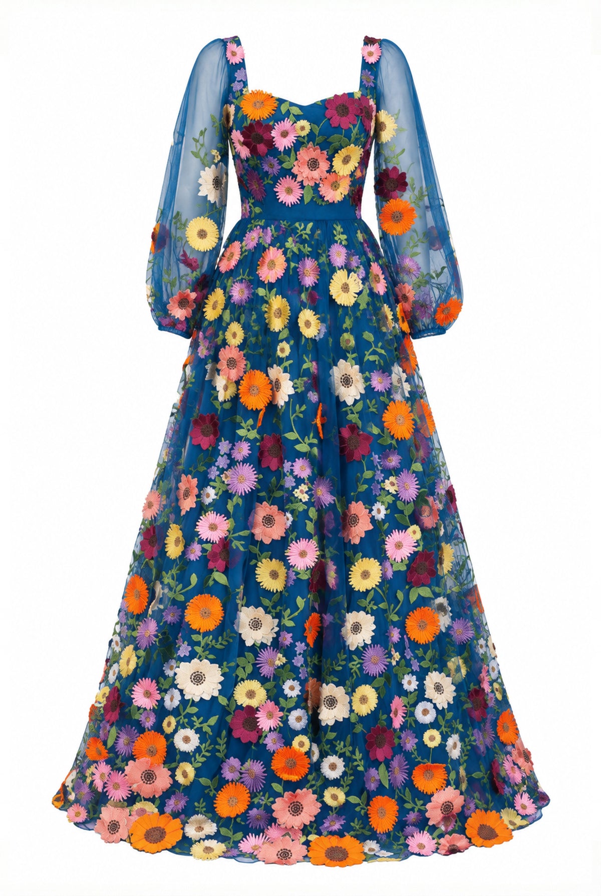 Blue floral embroidered dress, front view.