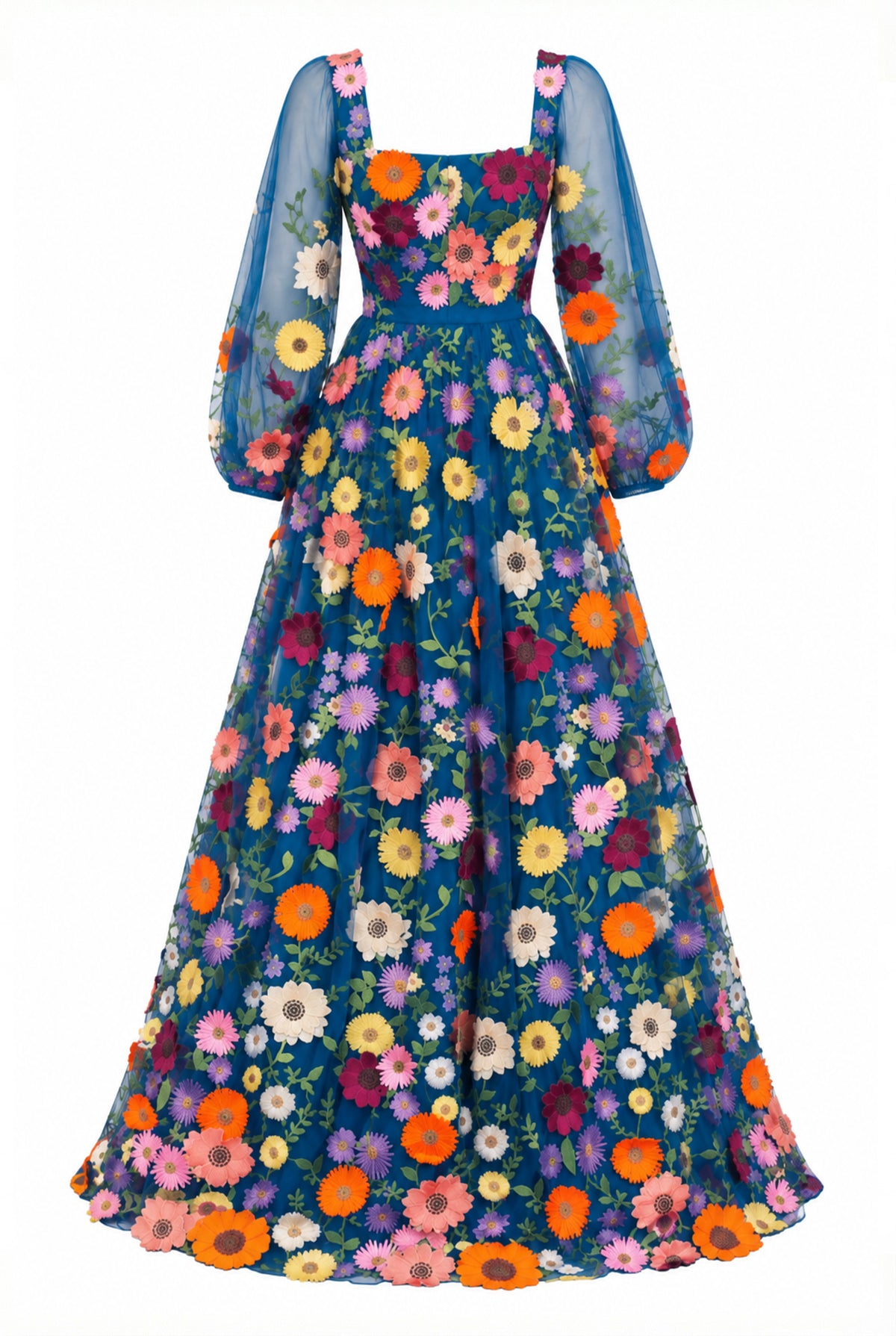 Blue floral embroidered dress, back view.