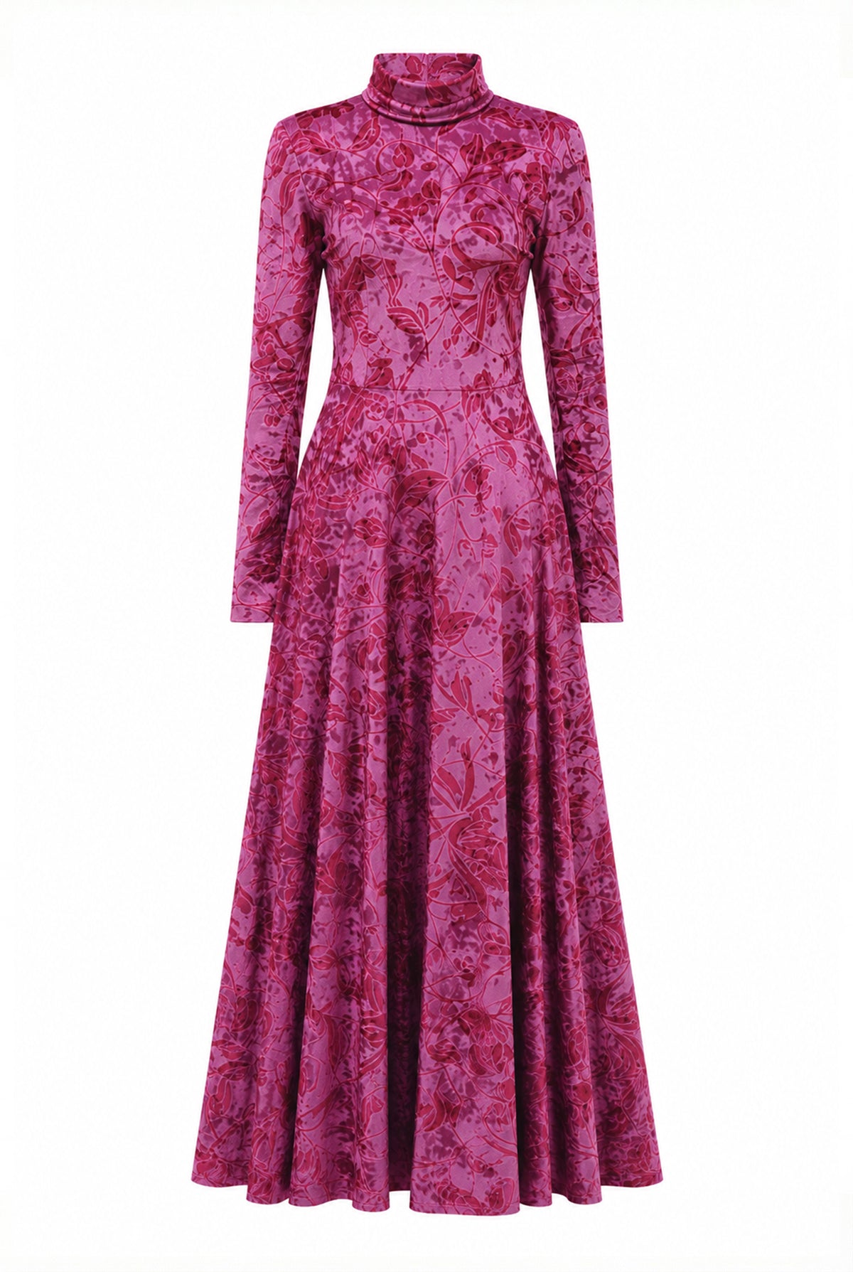 Velvet floral print dress with high neck, front view.