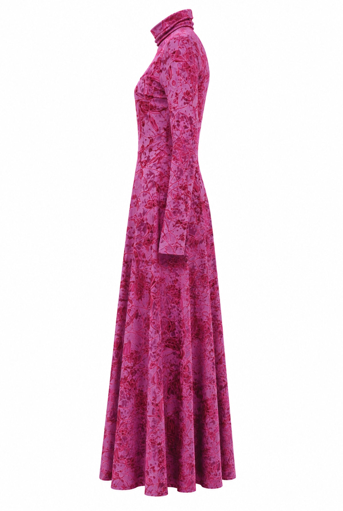 Velvet floral print dress with high neck, side view.
