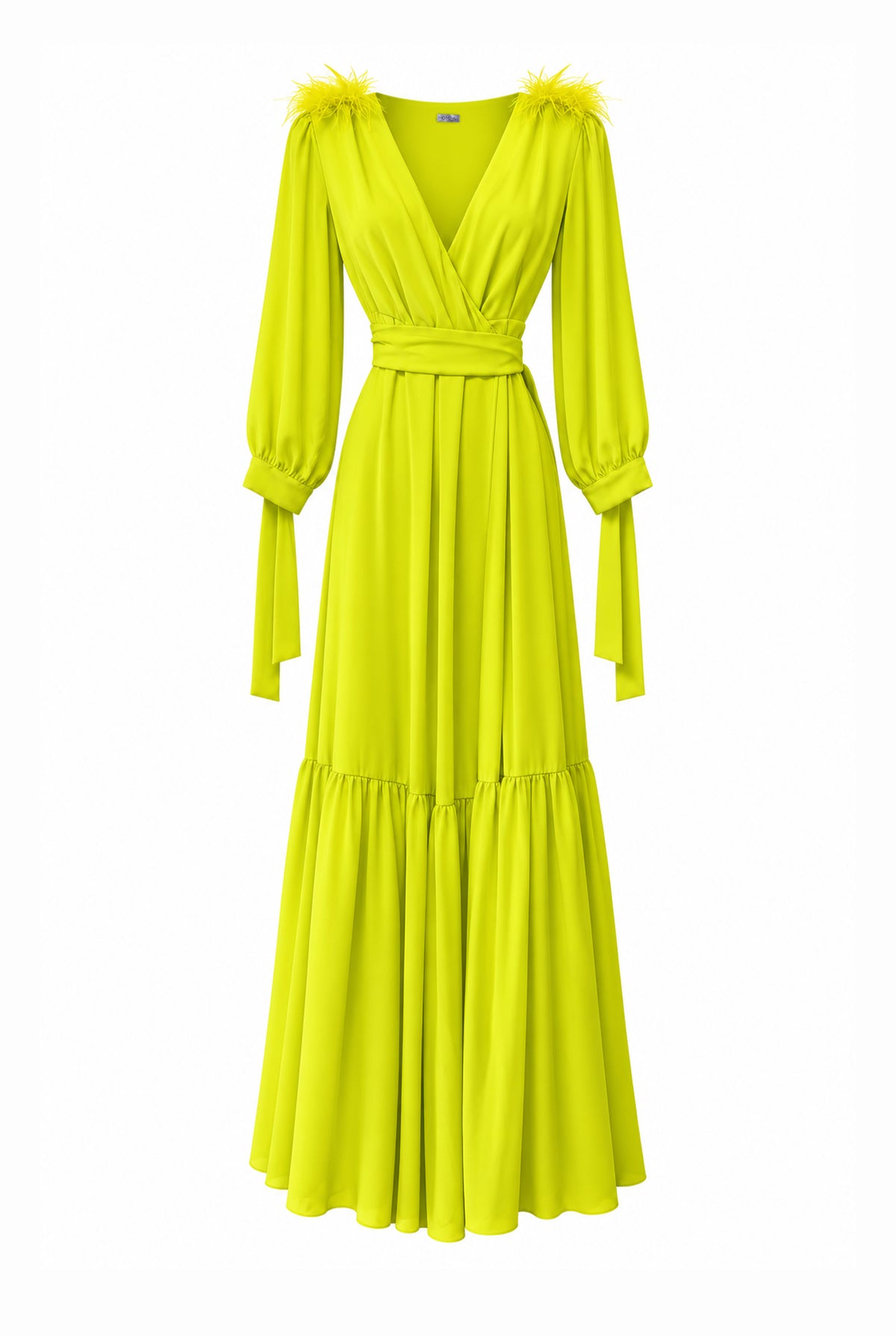 Lime green maxi dress with feather-trimmed shoulders, front view.