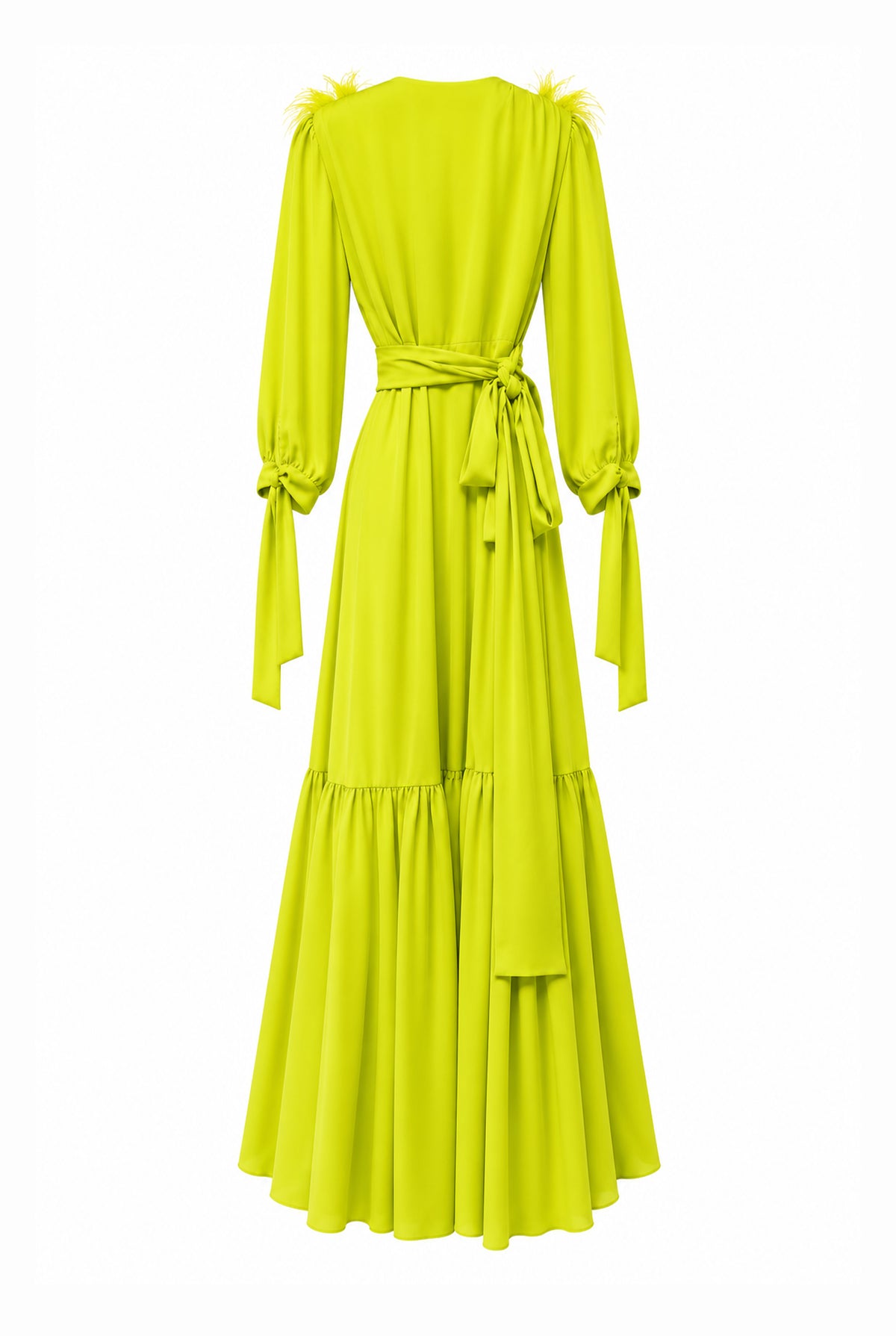 Lime green maxi dress with feather-trimmed shoulders, back view.