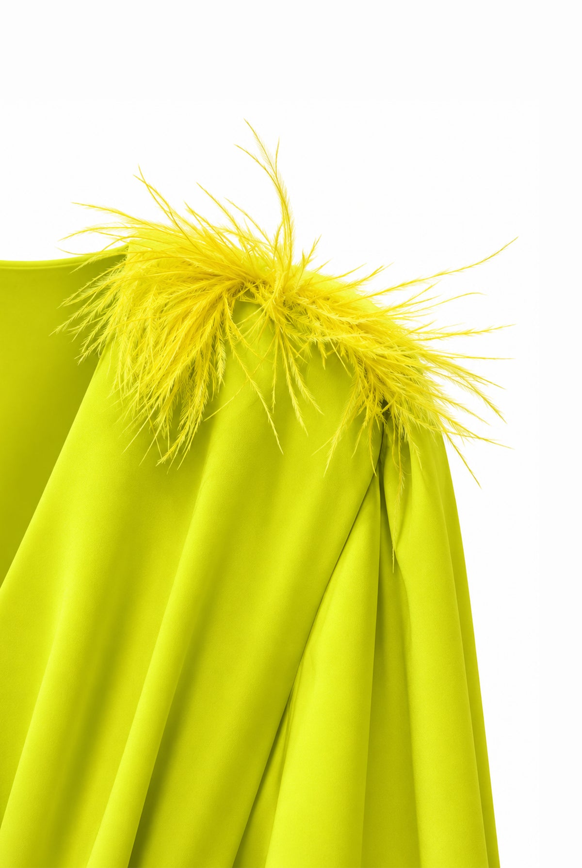 Close-up of the feather-trimmed shoulders on the lime green dress.