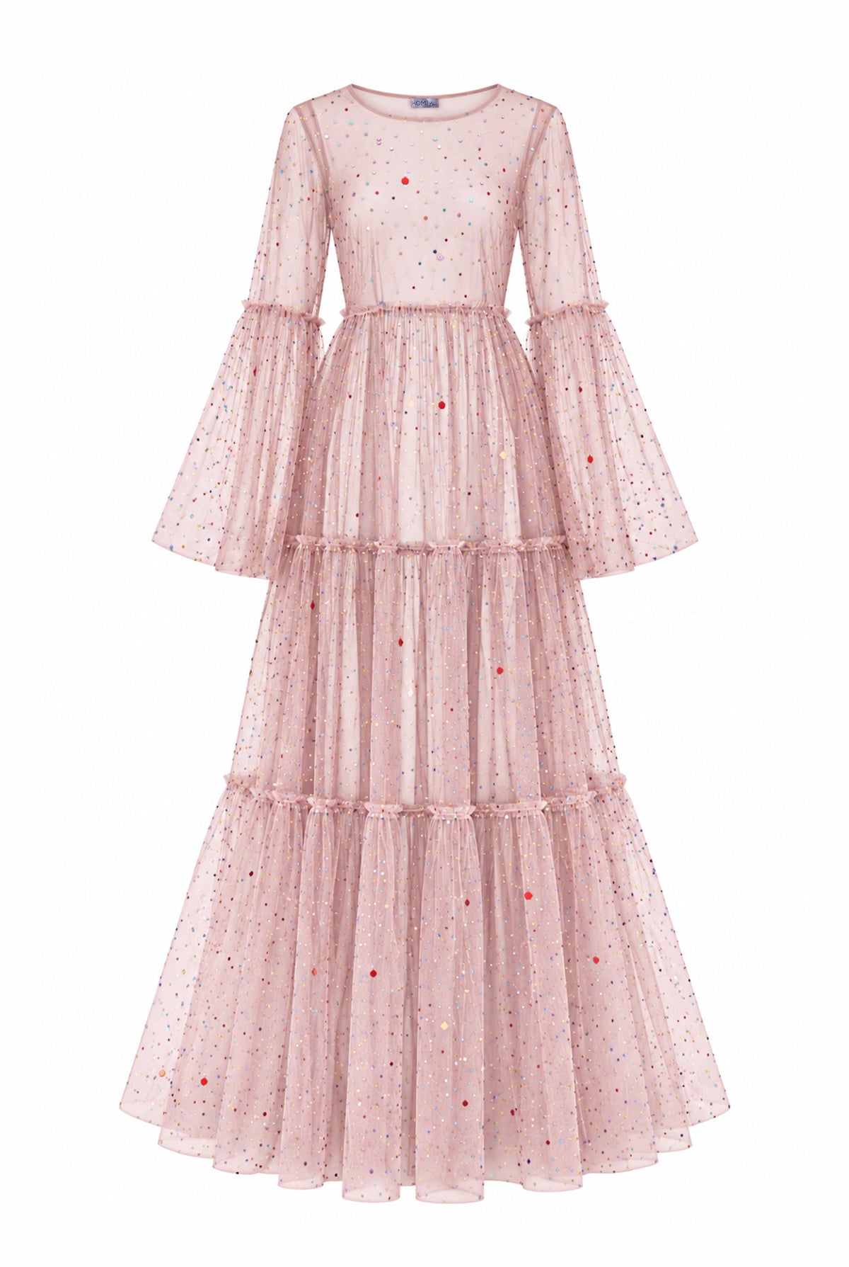 Pink tulle dress with multicolor embellishments.