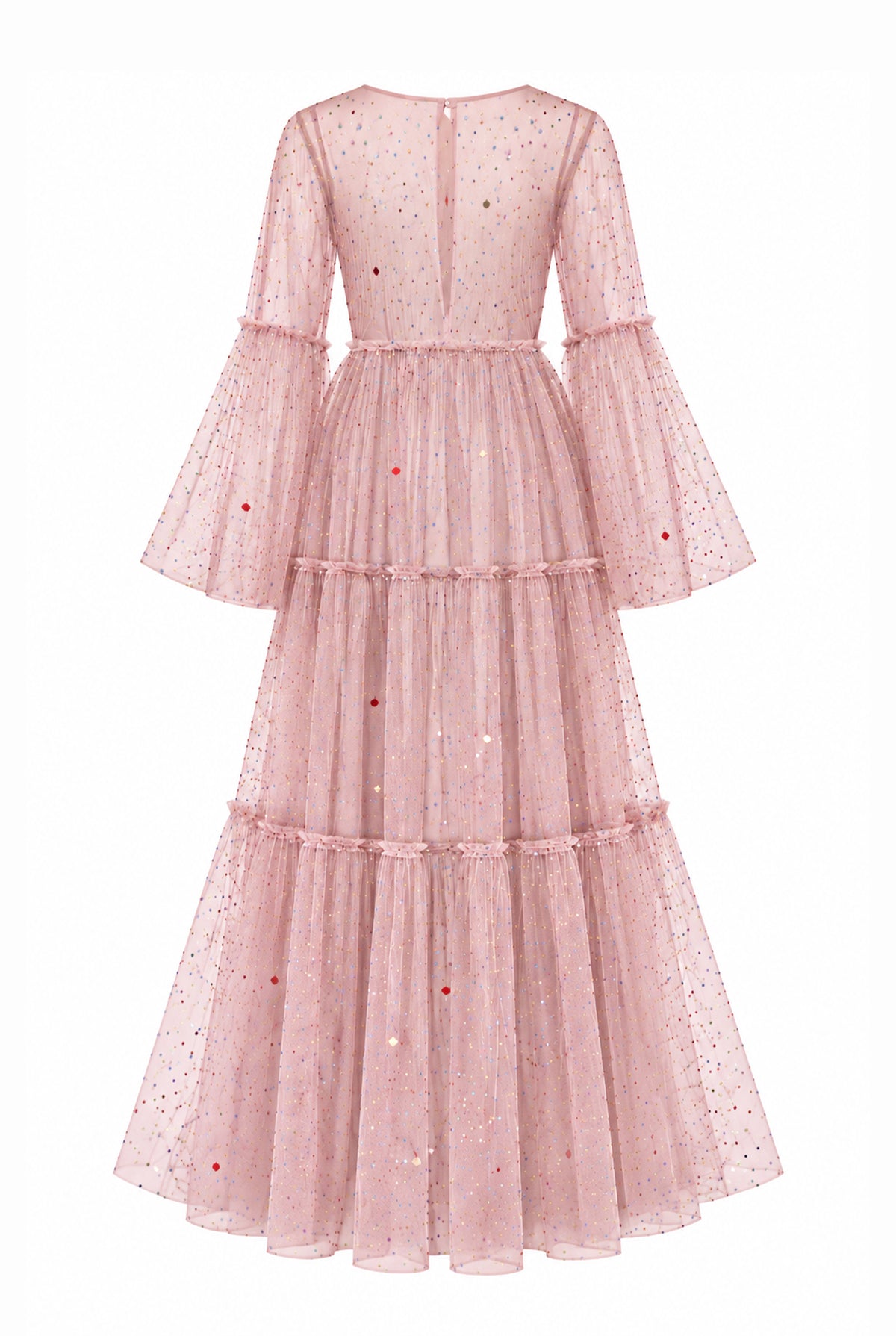 Pink tulle dress with multicolor embellishments, back view.