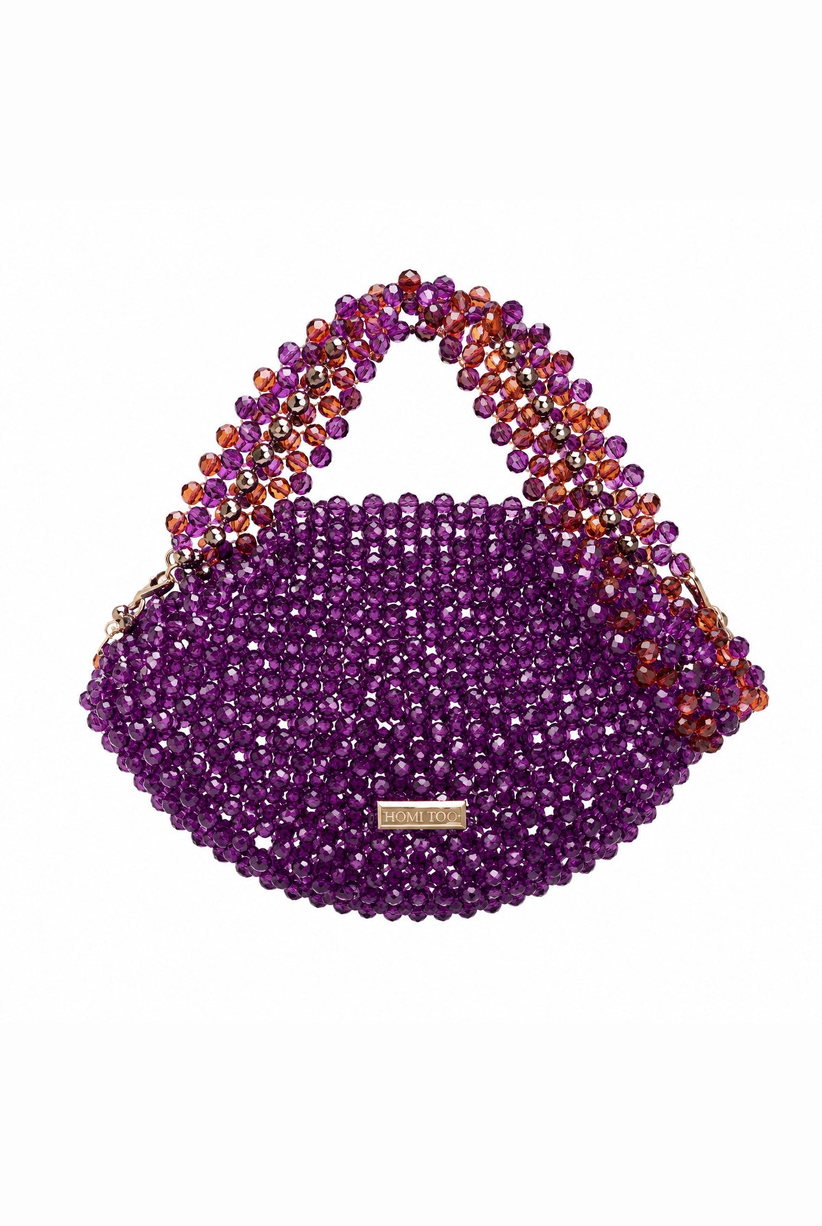 Purple beaded shoulder bag with multicolor beaded strap.