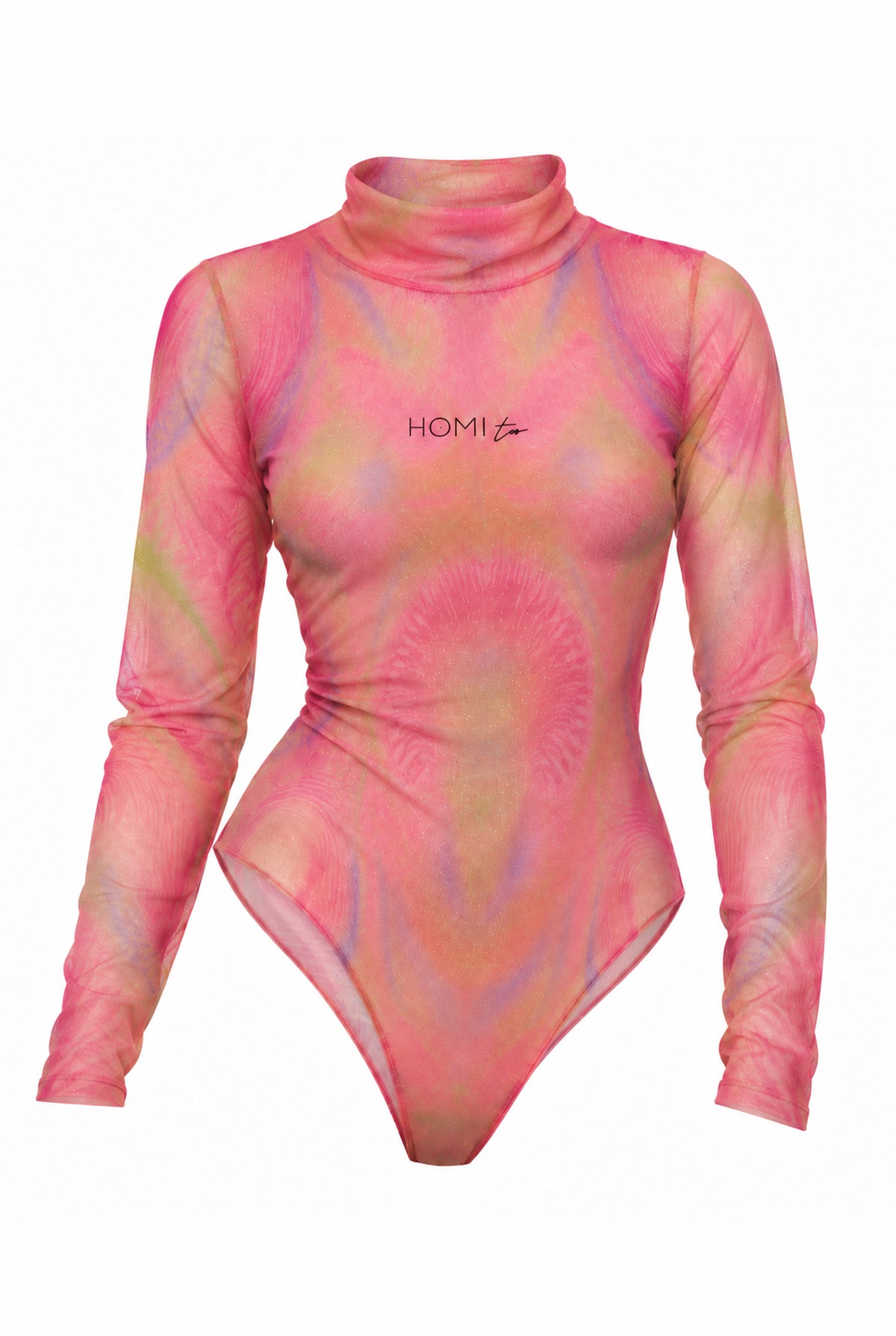 Pink printed tulle bodysuit with long sleeves, front view.