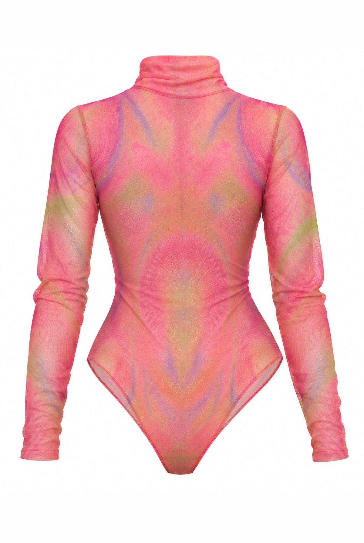 Pink printed tulle bodysuit with long sleeves, back view.