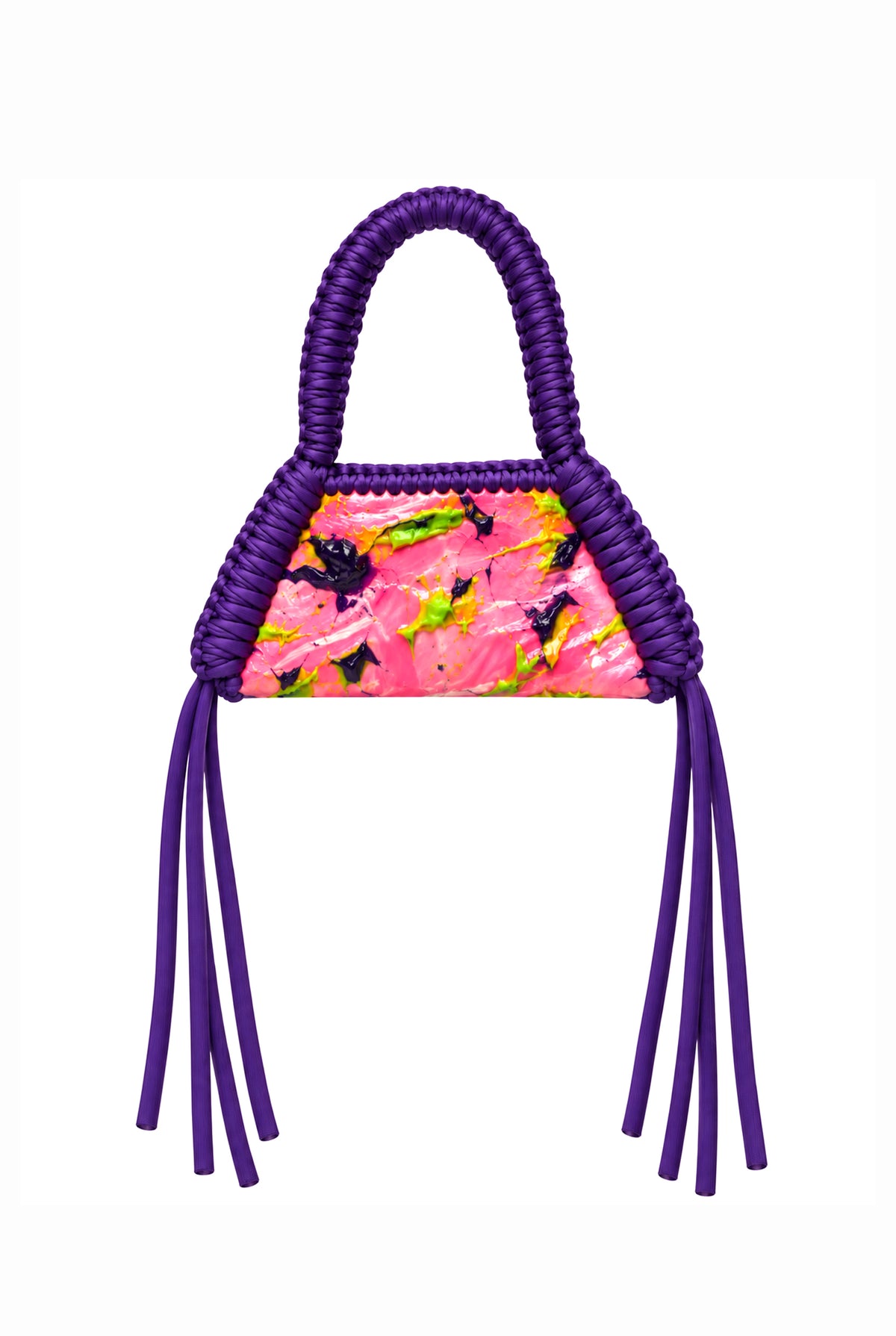 Purple crochet bag with multicolor inner panel.