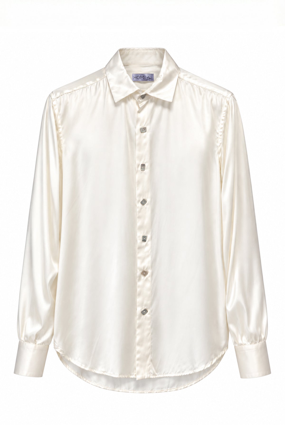 Silk shirt in ivory white, featuring a classic pointed collar, long sleeves with buttoned cuffs and elegant geometric buttons.