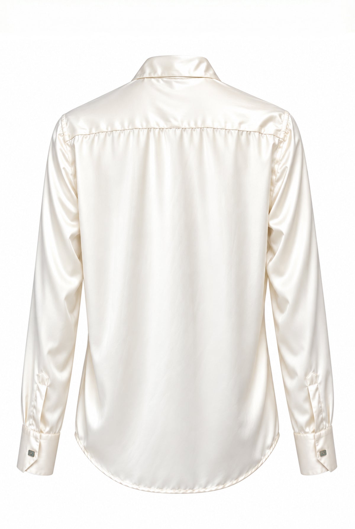 Silk shirt in ivory white, featuring a classic pointed collar, long sleeves with buttoned cuffs and elegant geometric buttons, back view.
