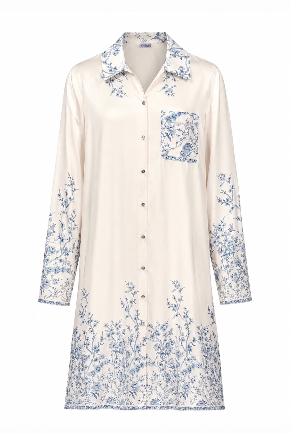 Ivory long shirt with blue floral details, front view.