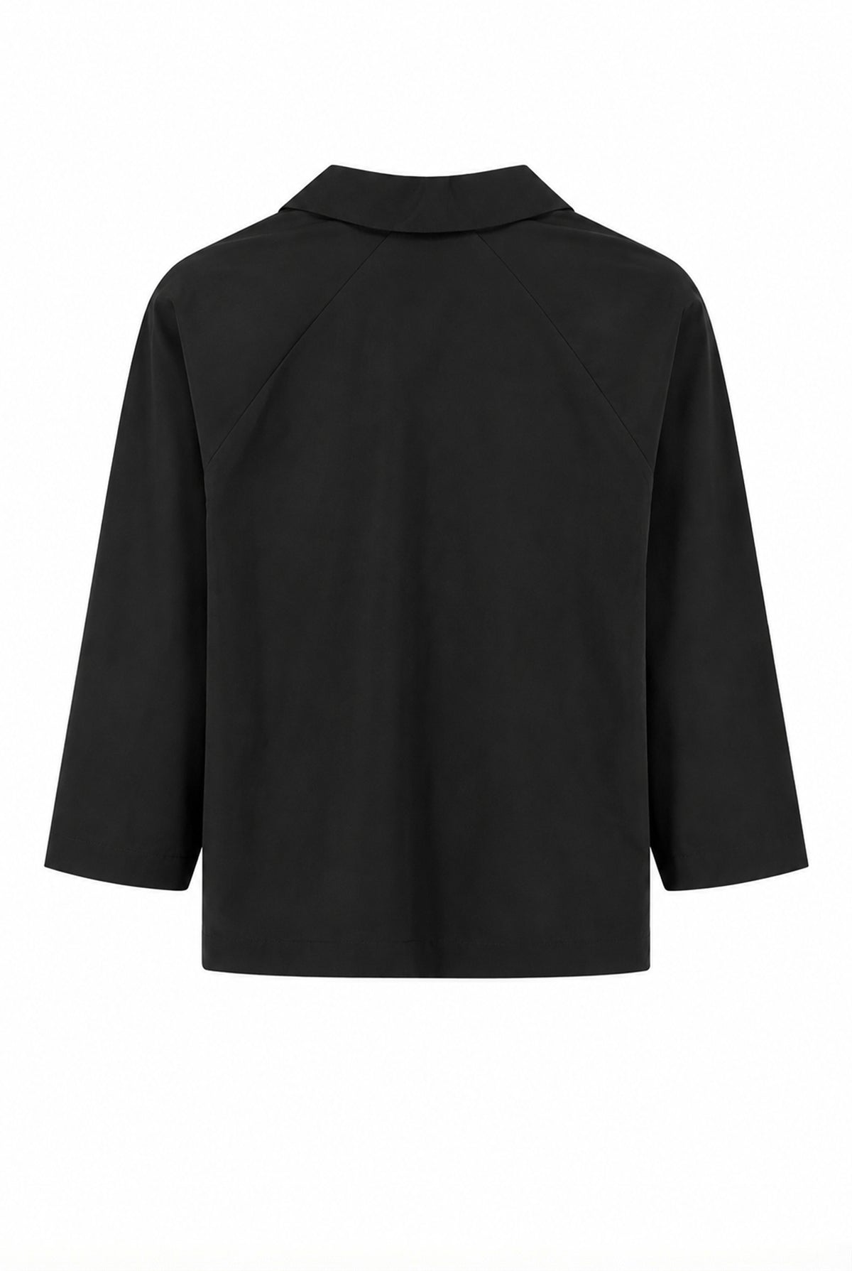 Black shirt with floral embroidered collar, back view.