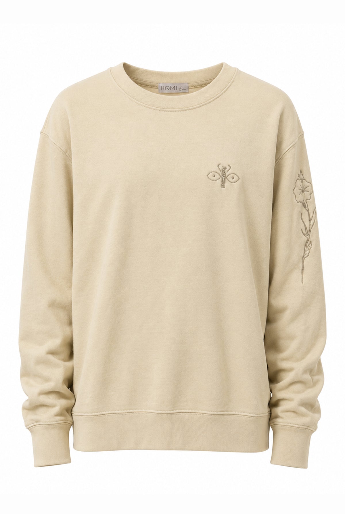 Beige oversized sweatshirt with embroidered floral details, front view.