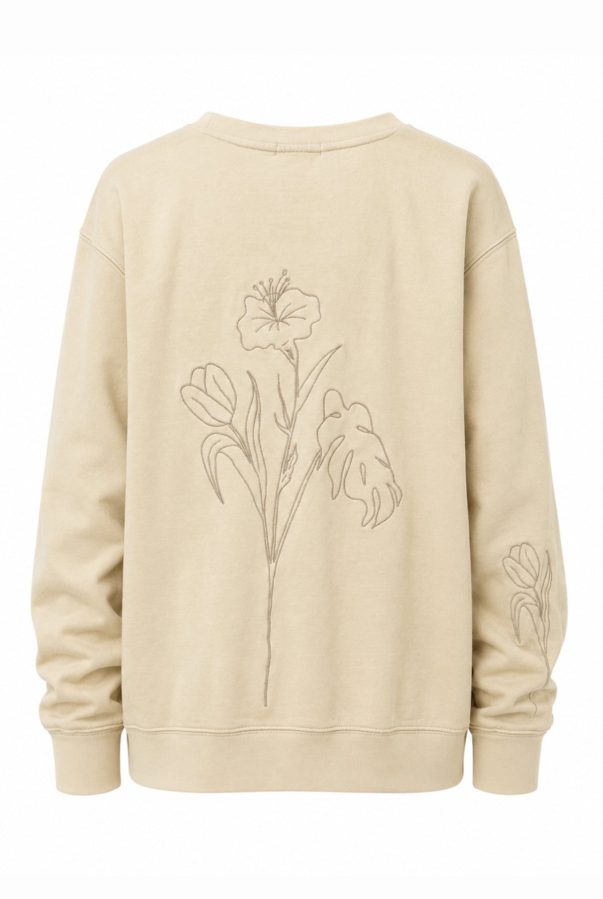 Beige oversized sweatshirt with embroidered floral details, back view.