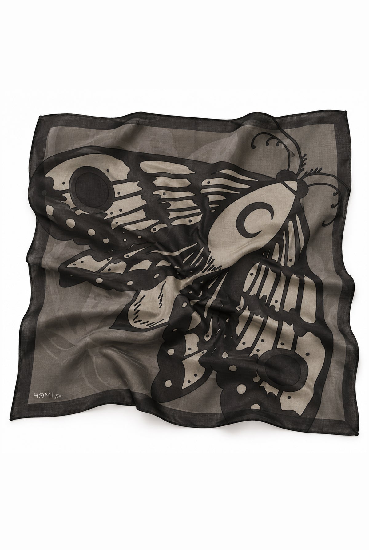 Square modal and cashmere scarf in black, gray and taupe tones, featuring a large stylized moth with anatomical wing details and a dark border.