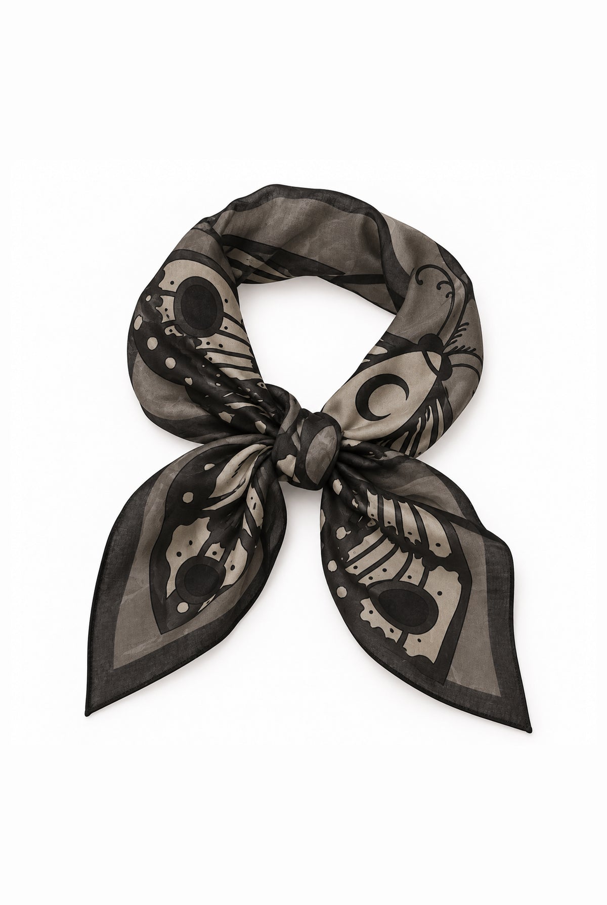 Square modal and cashmere scarf in black, gray and taupe tones, featuring a large stylized moth with anatomical wing details and a dark border.