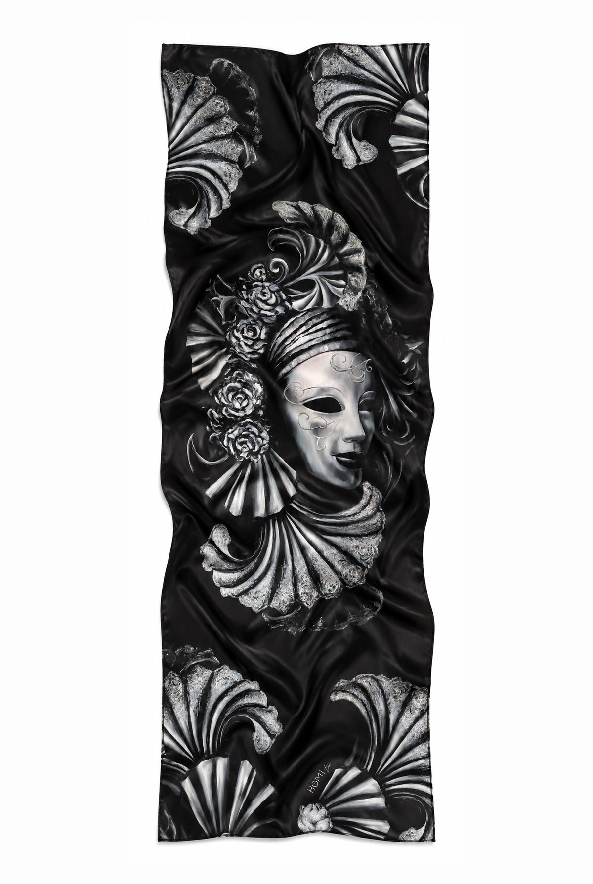 Silk scarf in black, featuring an intricate Venetian-inspired masked figure surrounded by sculptural floral and fan motifs in contrasting shades of white and gray.
