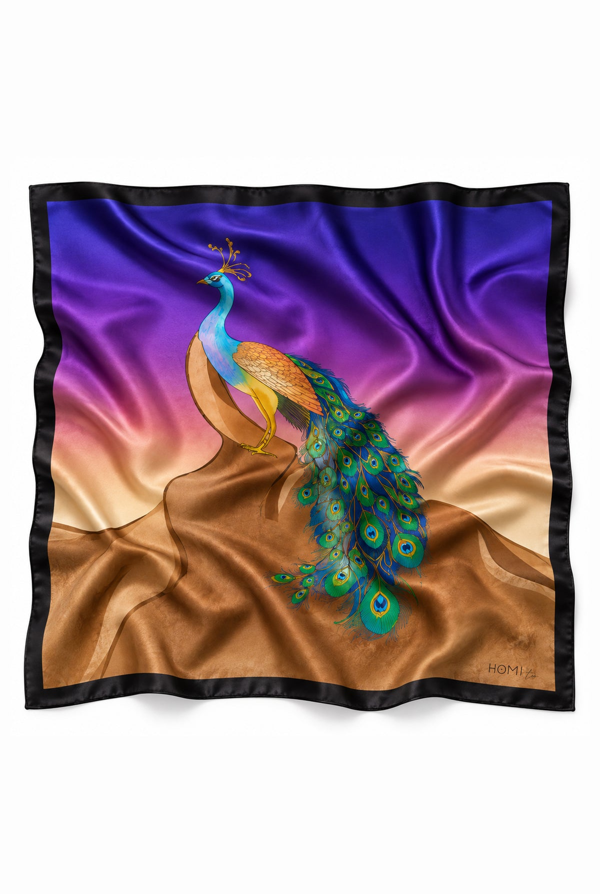 Square satin scarf with black border, featuring a colorful peacock perched on draped fabric against a vibrant purple, blue and golden background.