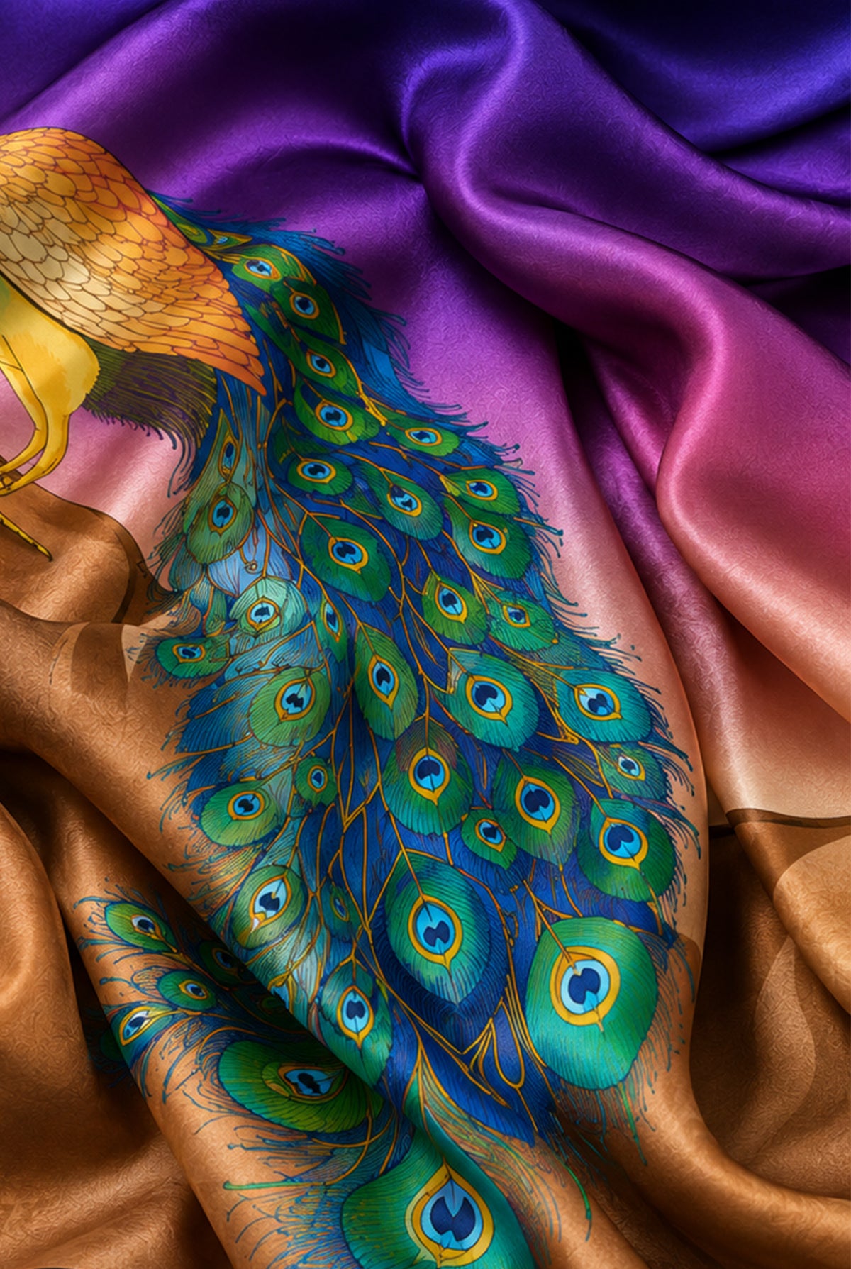 Close-up of the detailed peacock illustration, vibrant feathers and glossy satin texture.