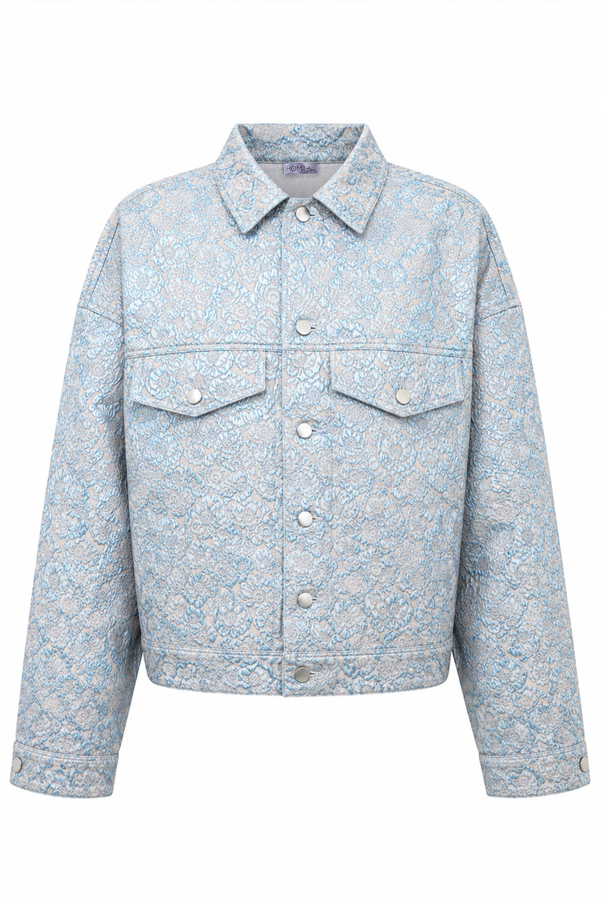 Oversized blue and silver brocade jacket.
