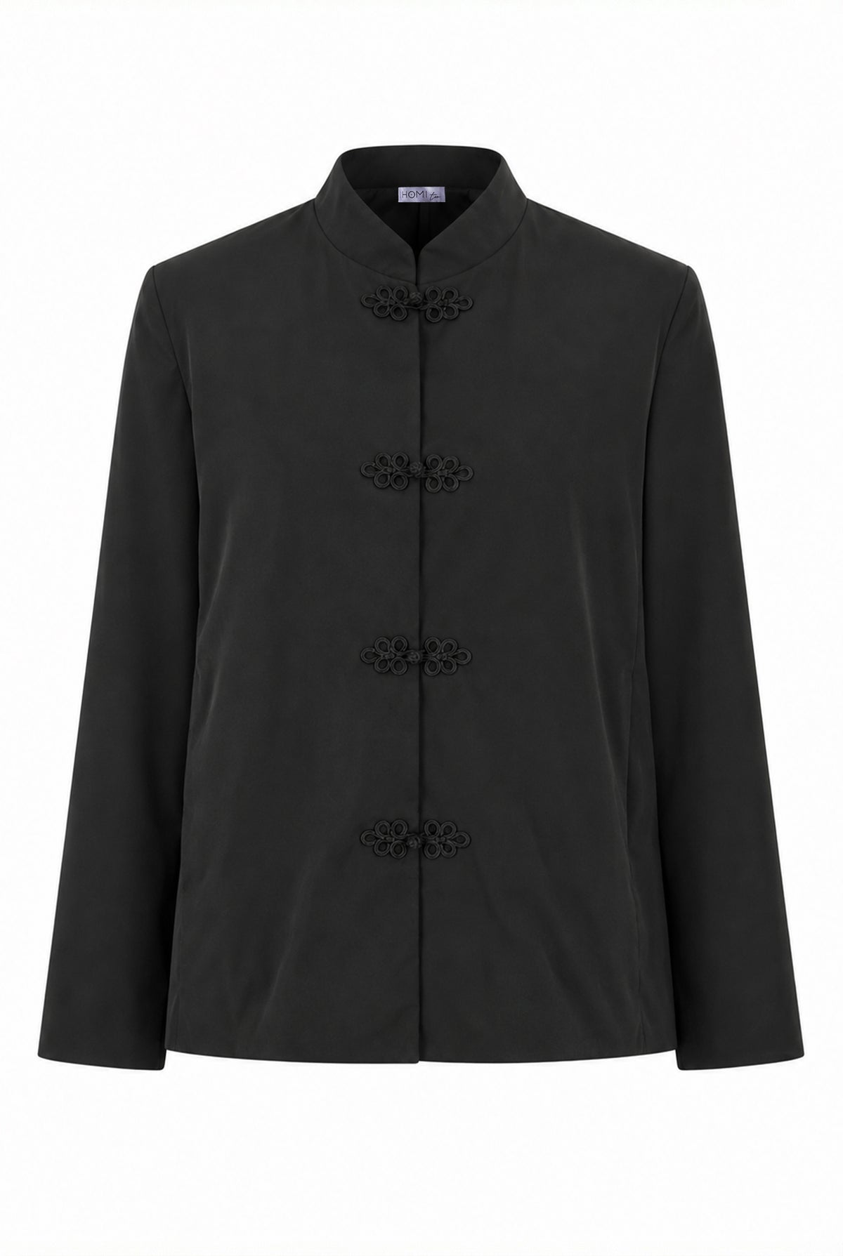 Black jacket with embroidered details, front view.