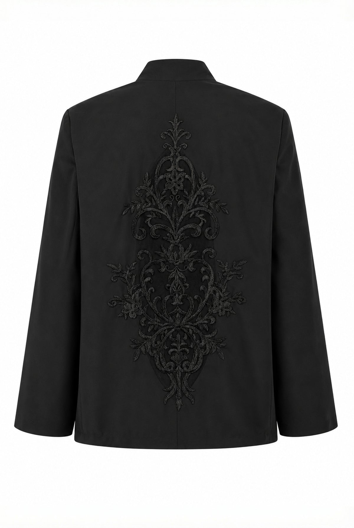 Black jacket with embroidered details, back view.