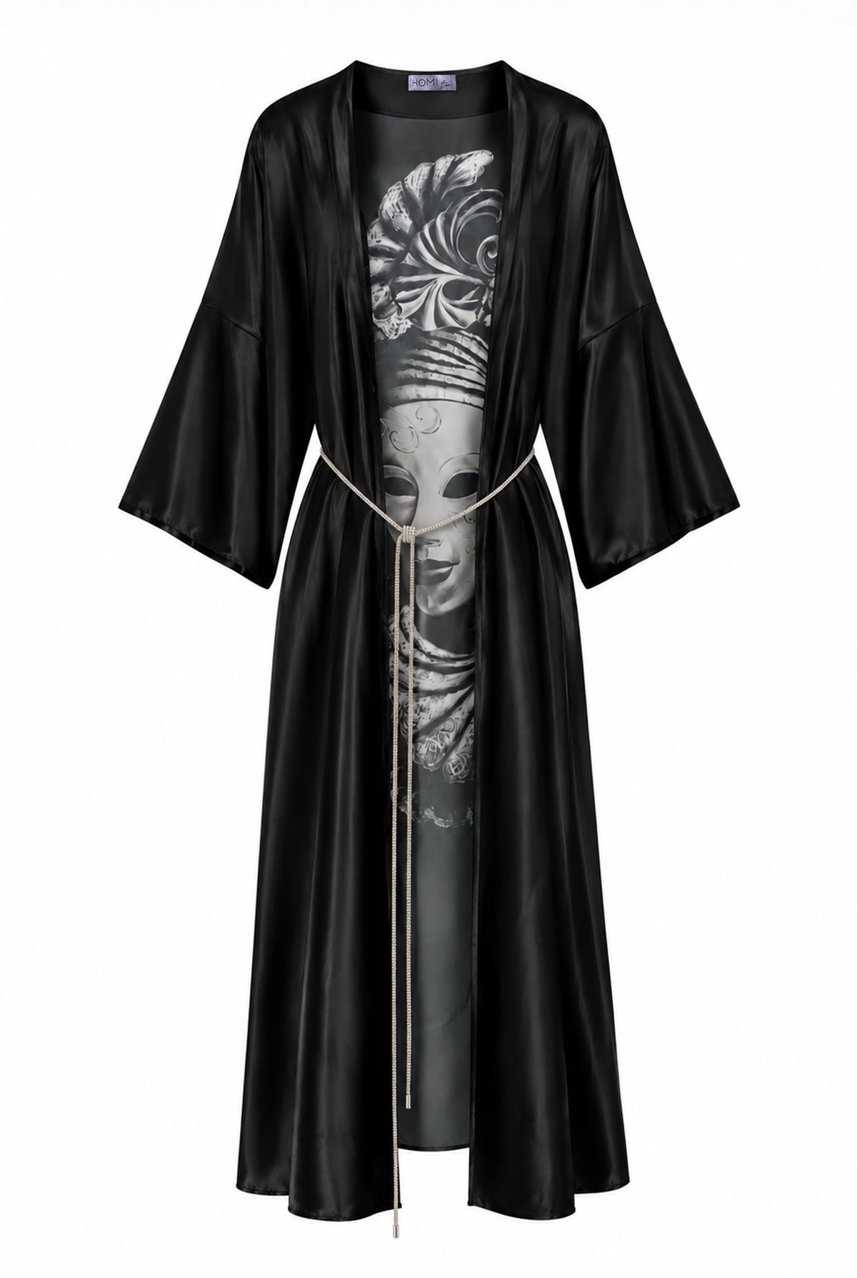 Black kimono with wide three-quarter sleeves and a large black-and-white Venetian mask and floral graphic on the back, front view.