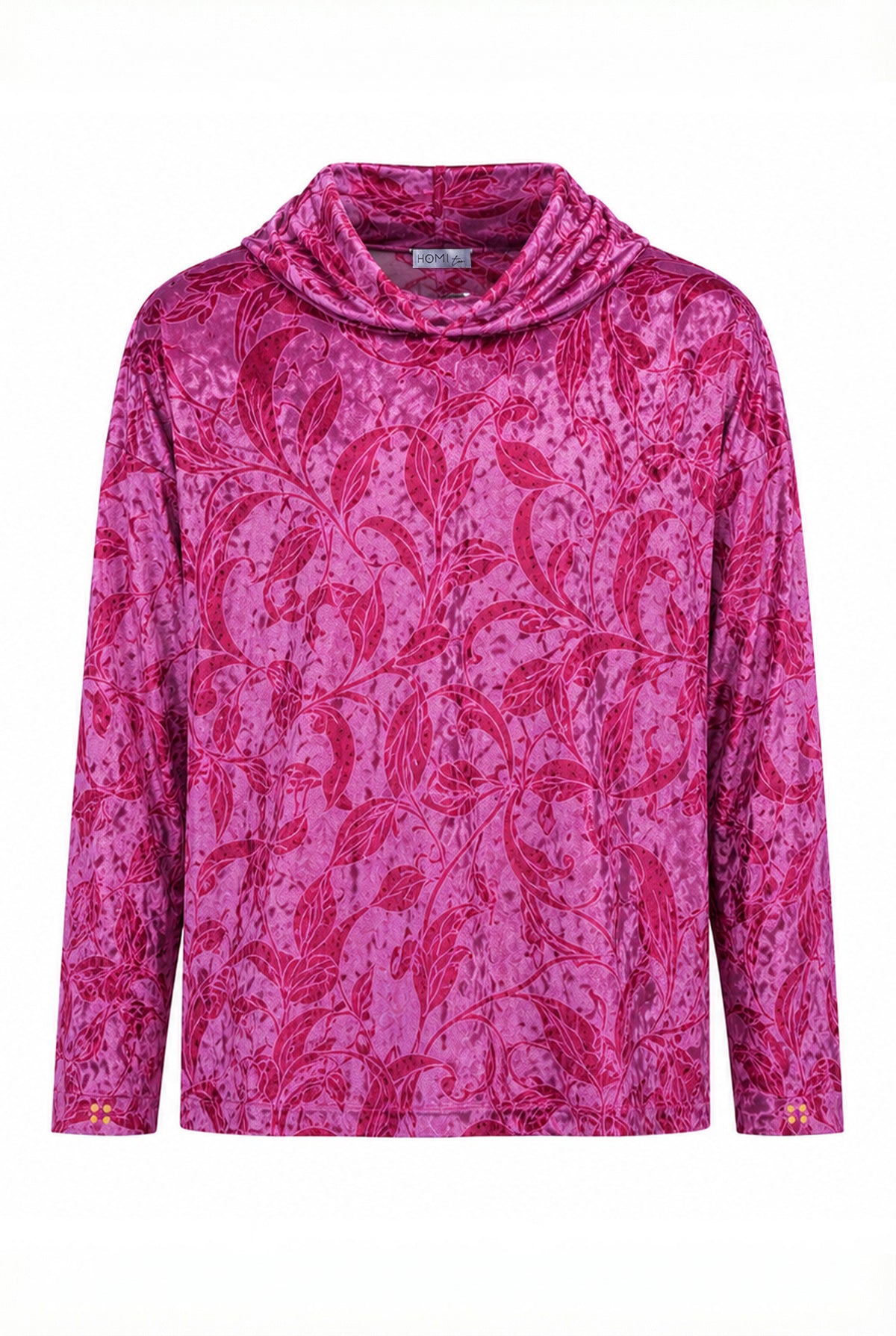 Velvet floral print top with cowl neck, front view.